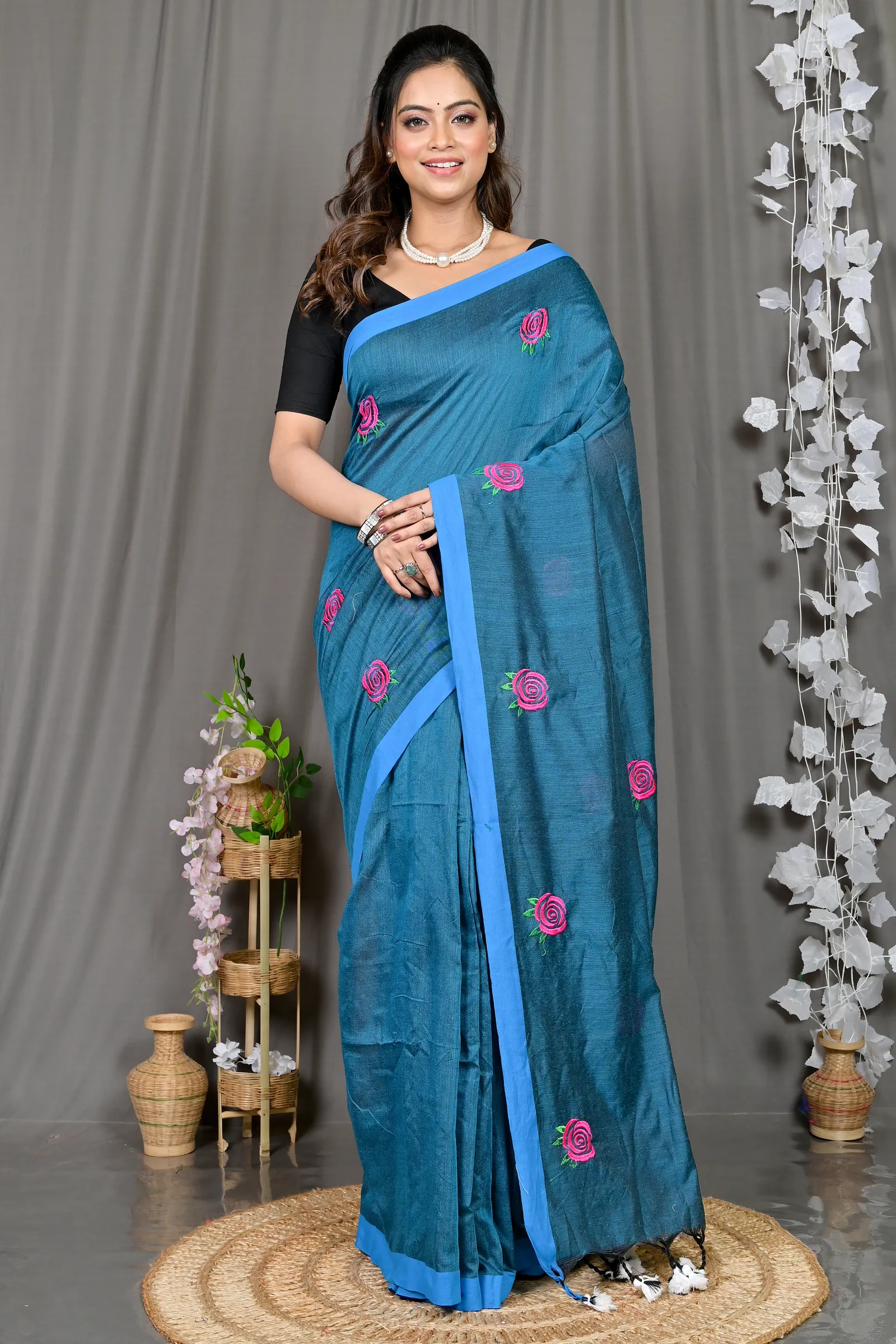 DipDiya Pure Cotton Cobalt Blue Parag Bengal in Every Thread Embroidery Handloom sarees