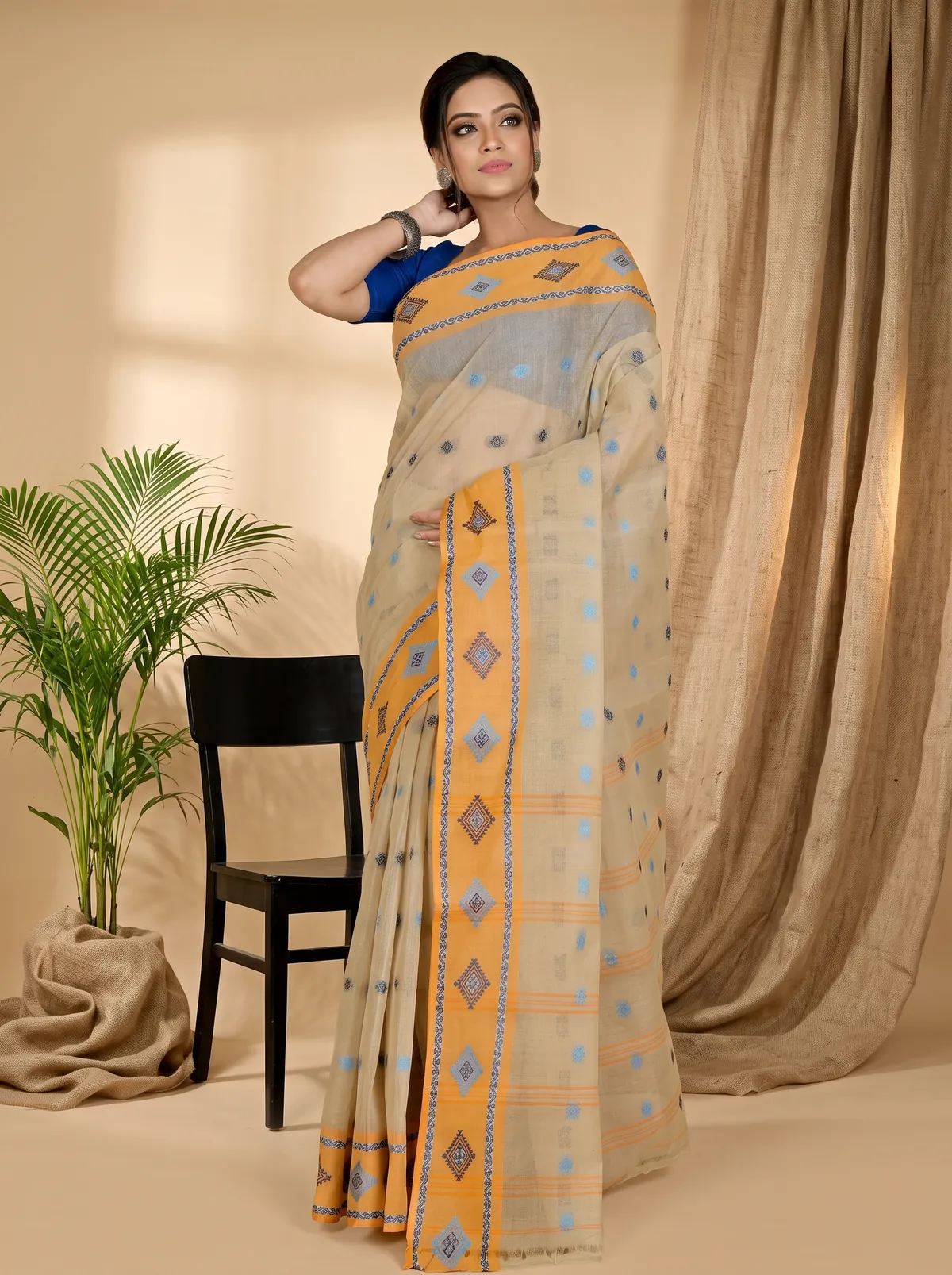 DipDiya Pure Cotton Cream Apula Rooted in Bengal Tant Sarees