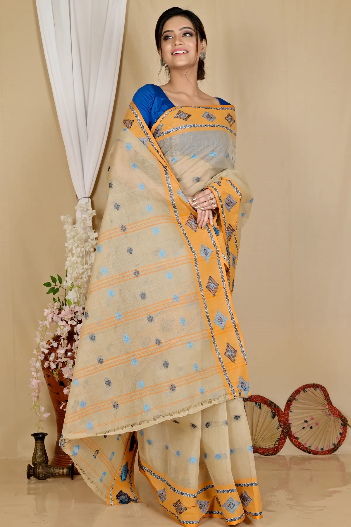 DipDiya Pure Cotton Cream Apula Rooted in Bengal Tant Sarees