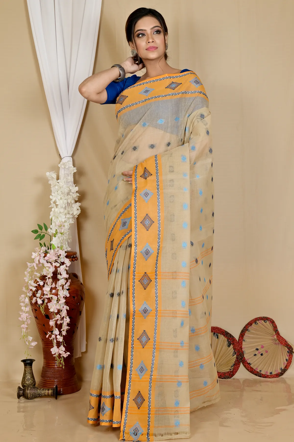 DipDiya Pure Cotton Cream Apula Rooted in Bengal Tant Sarees