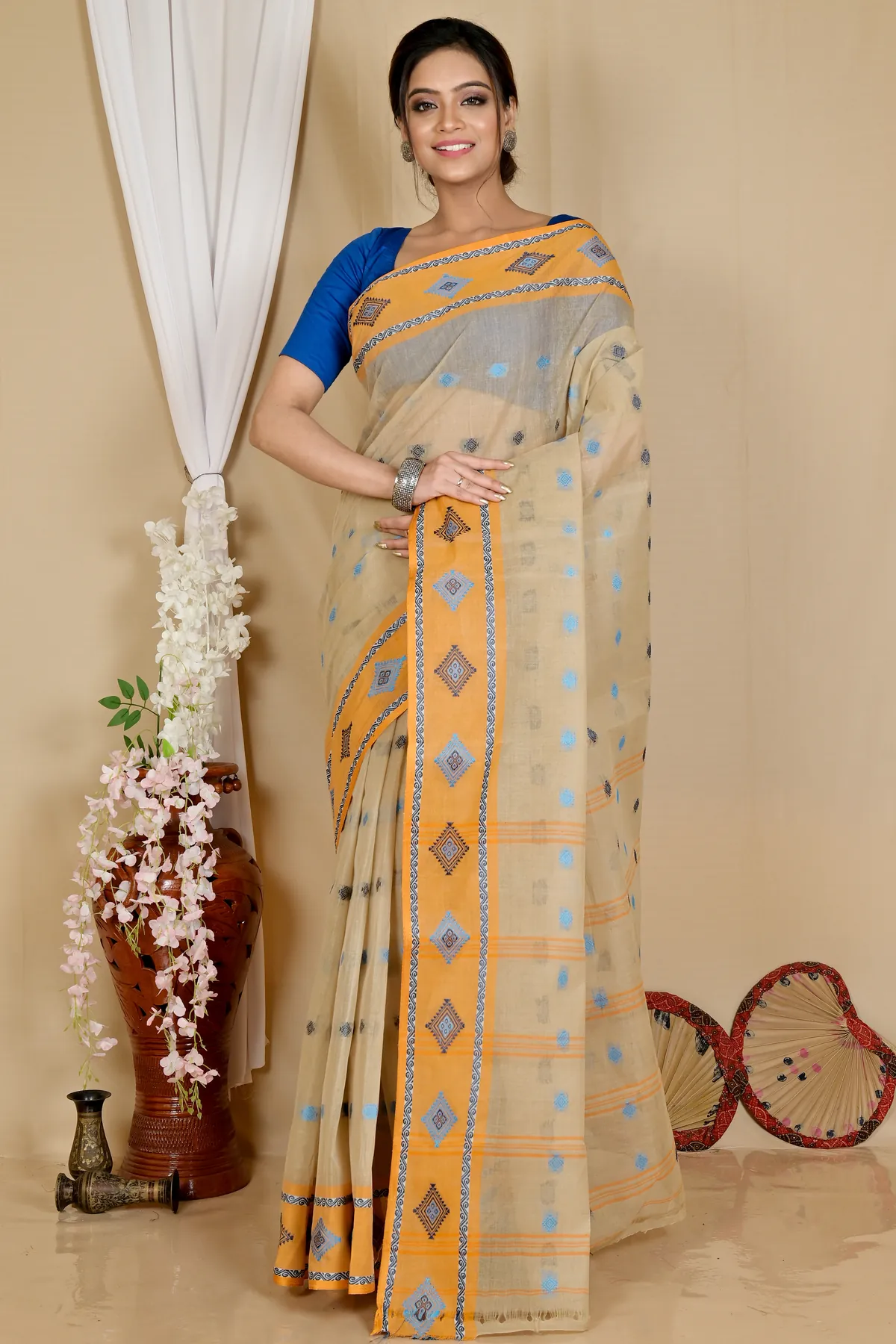 DipDiya Pure Cotton Cream Apula Rooted in Bengal Tant Sarees