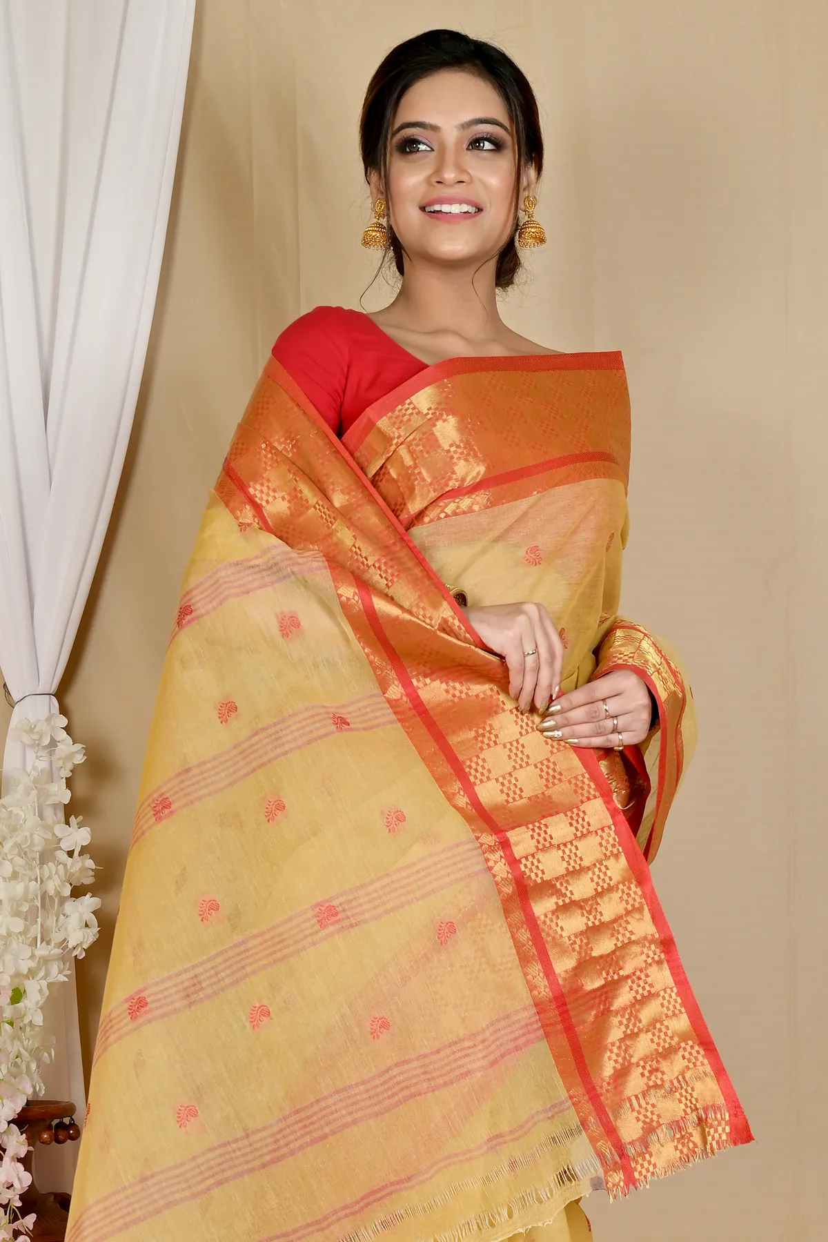 DipDiya Pure Cotton Cream Atula Essence of Bengal Tant Sarees