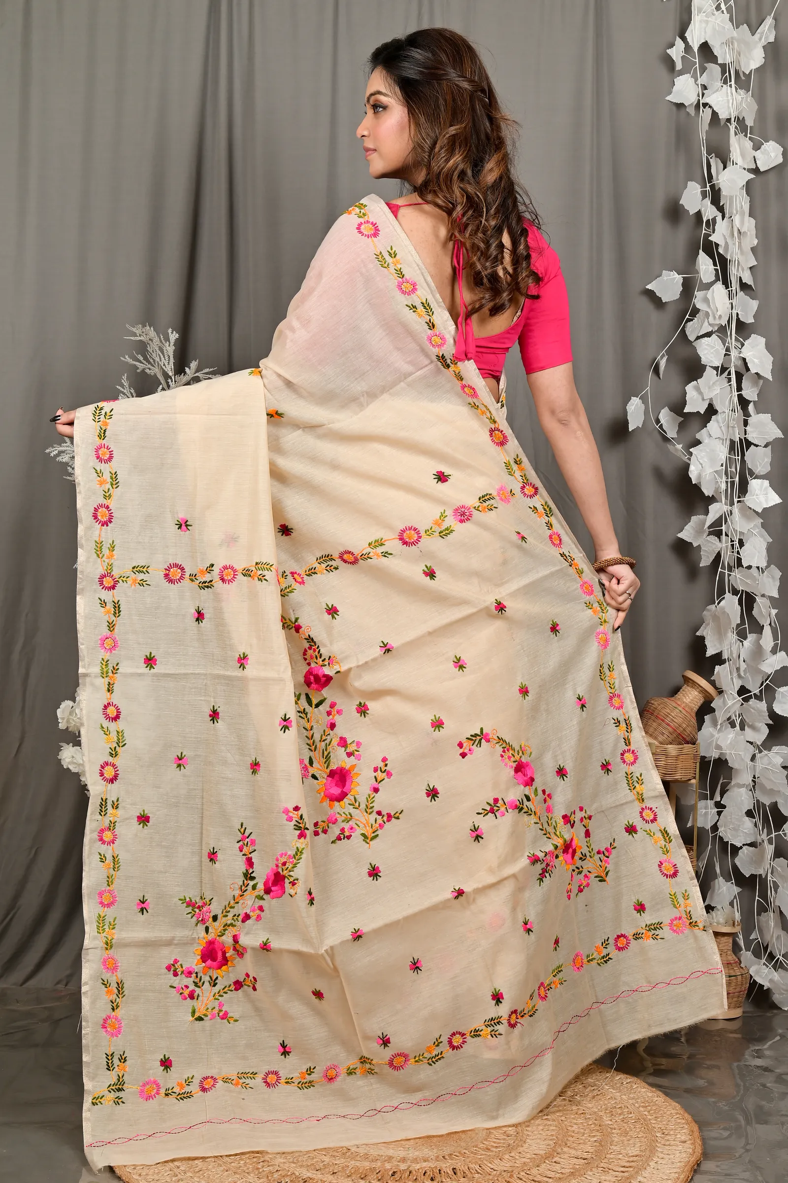 DipDiya Pure Cotton Cream Devui Stories of Bengal Kantha Stitch Sarees