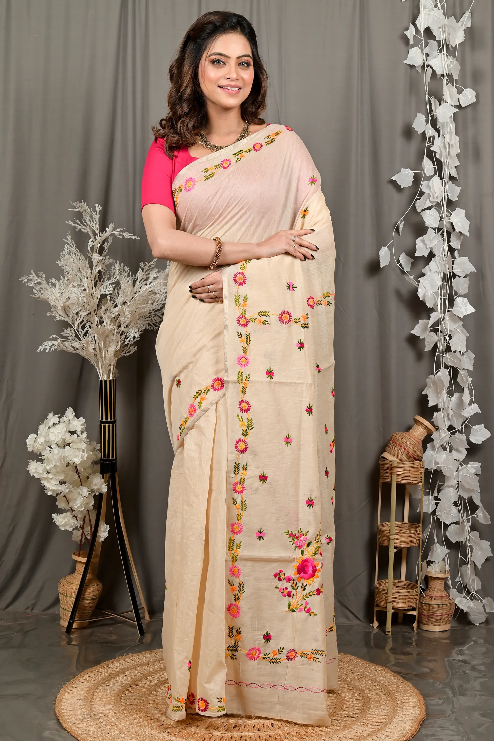 DipDiya Pure Cotton Cream Devui Stories of Bengal Kantha Stitch Sarees