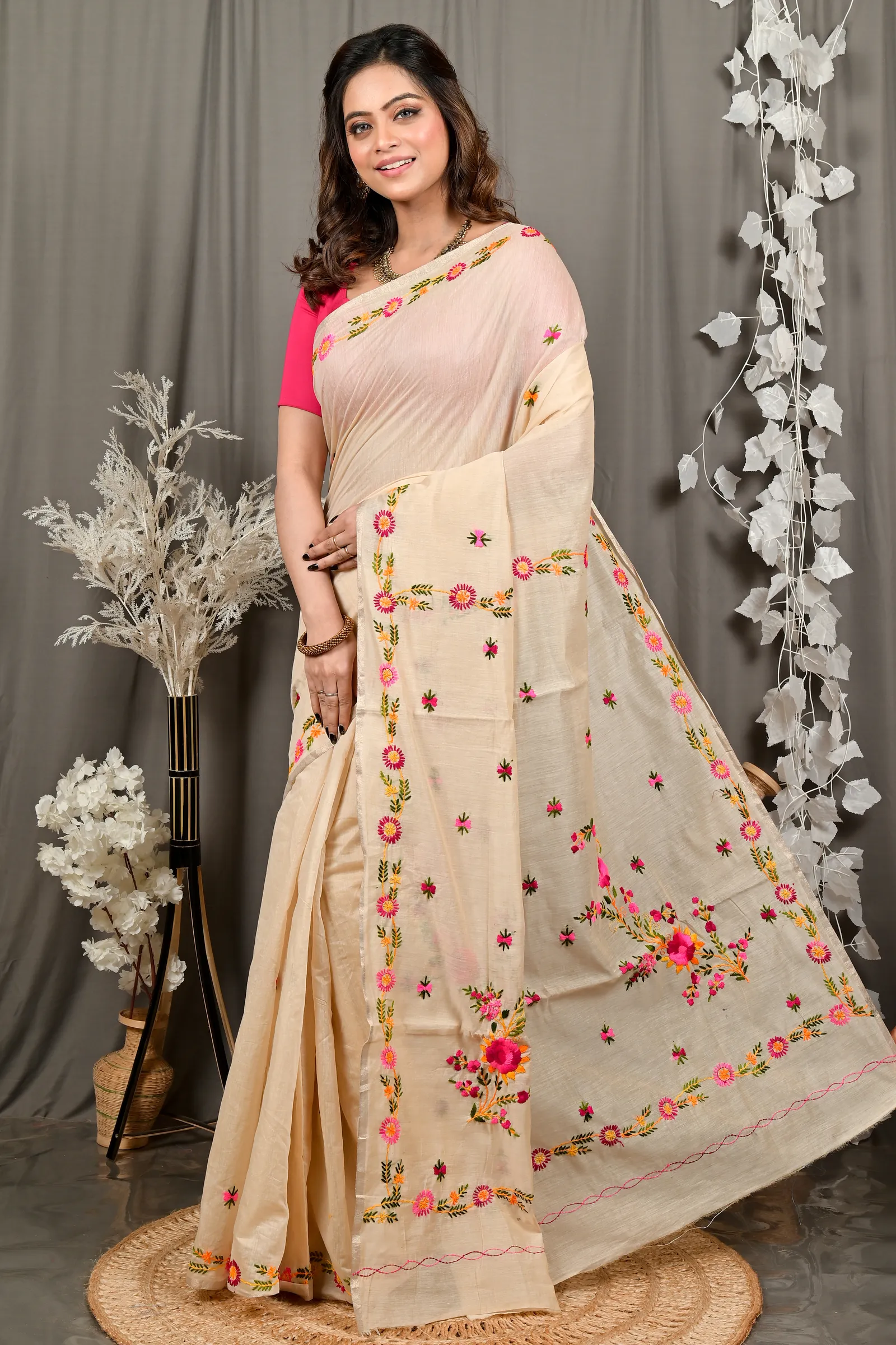DipDiya Pure Cotton Cream Devui Stories of Bengal Kantha Stitch Sarees