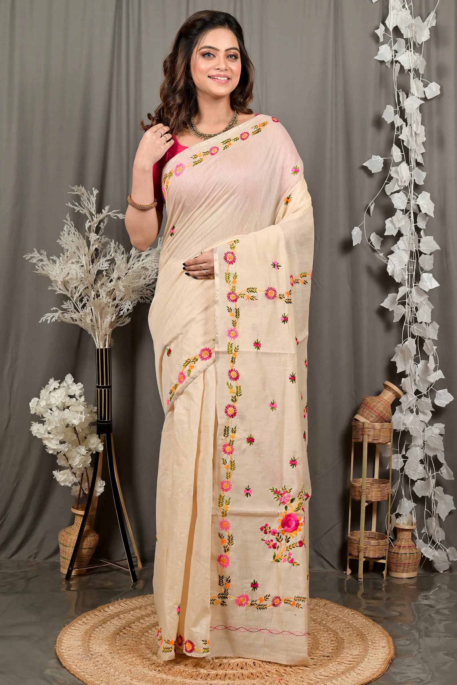 DipDiya Pure Cotton Cream Devui Stories of Bengal Kantha Stitch Sarees