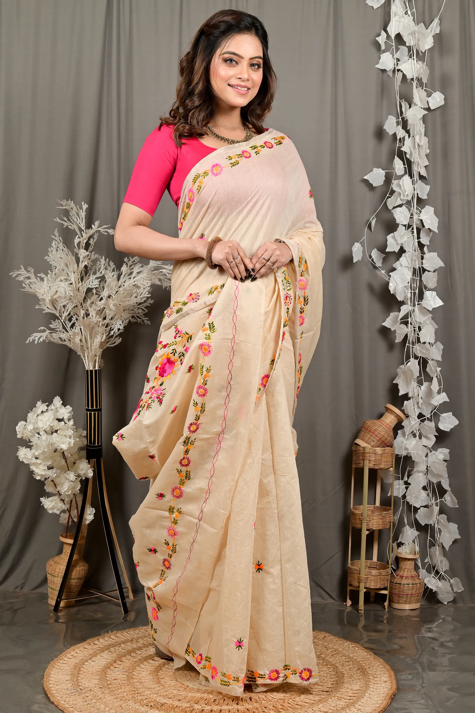 DipDiya Pure Cotton Cream Devui Stories of Bengal Kantha Stitch Sarees