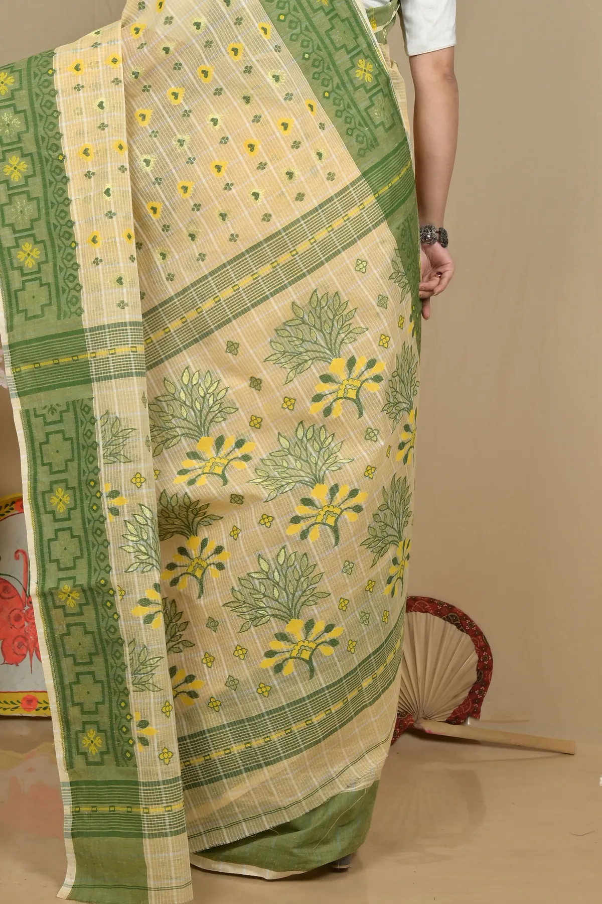 DipDiya Pure Cotton Cream Ginni Traditional Bengali Jamdani Sarees