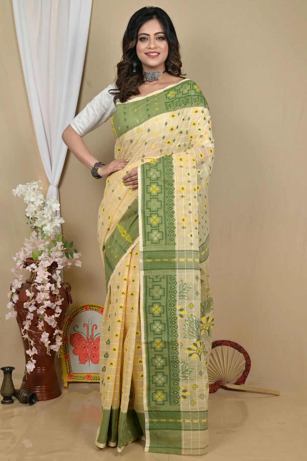 DipDiya Pure Cotton Cream Ginni Traditional Bengali Jamdani Sarees