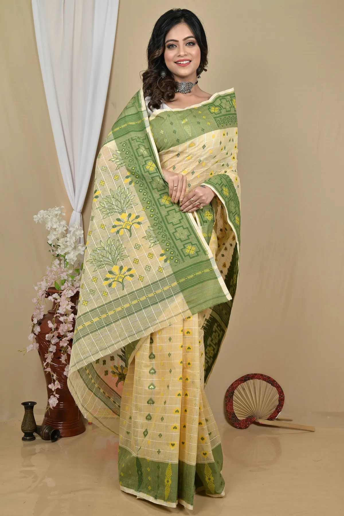 DipDiya Pure Cotton Cream Ginni Traditional Bengali Jamdani Sarees