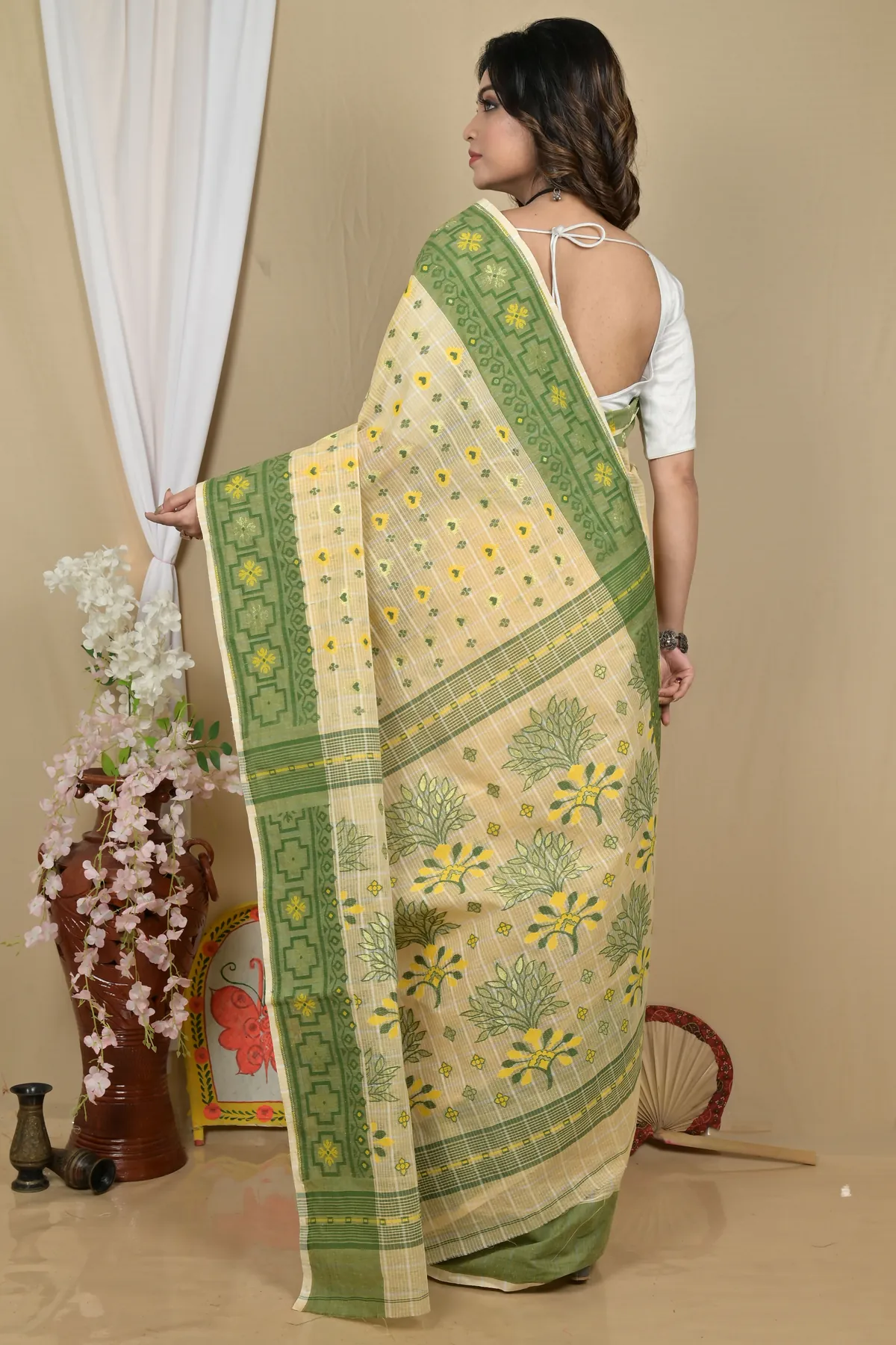 DipDiya Pure Cotton Cream Ginni Traditional Bengali Jamdani Sarees