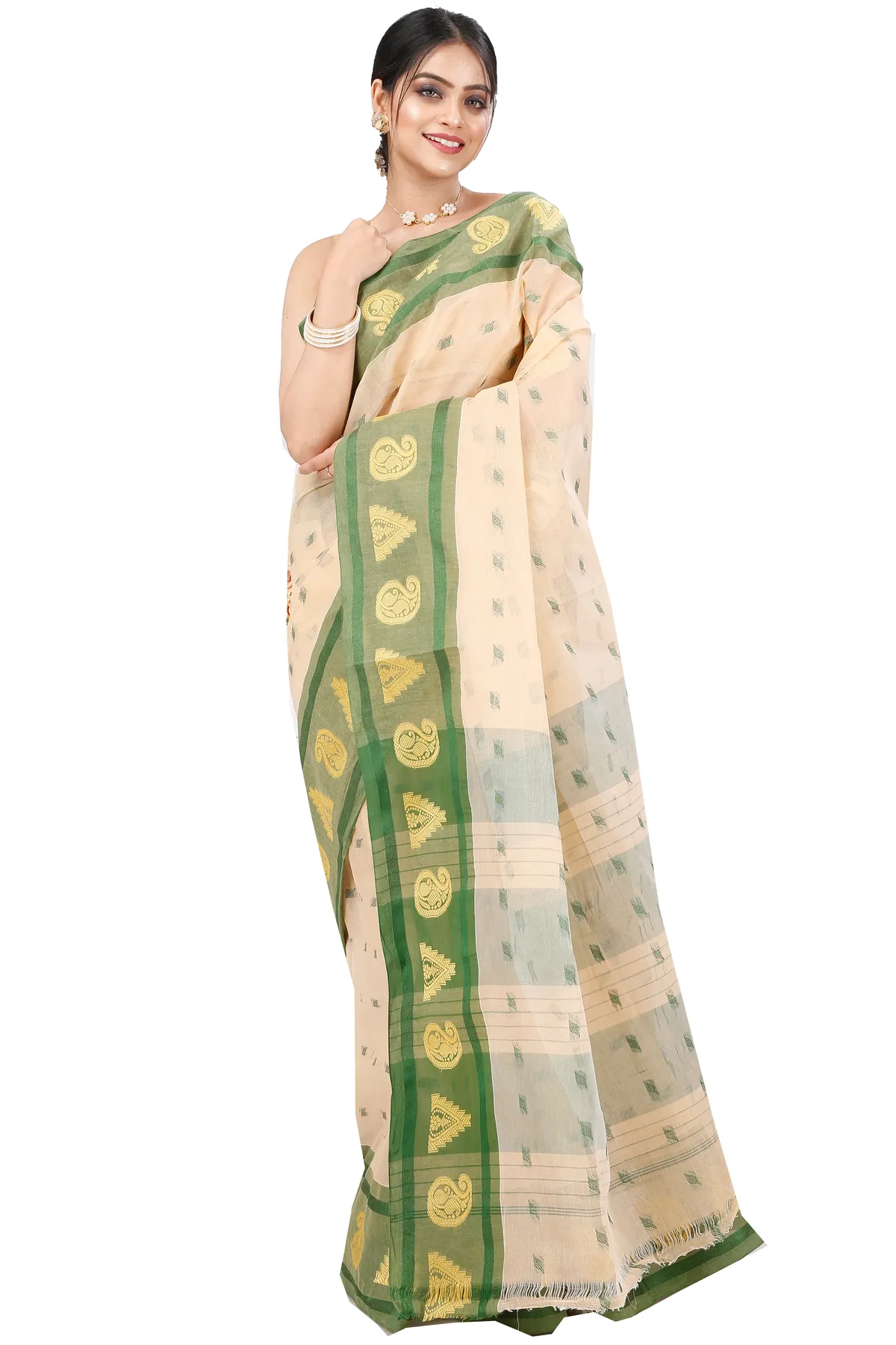 DipDiya Pure Cotton Cream Green Emma Border Heritage You Can Wear Tant Sarees