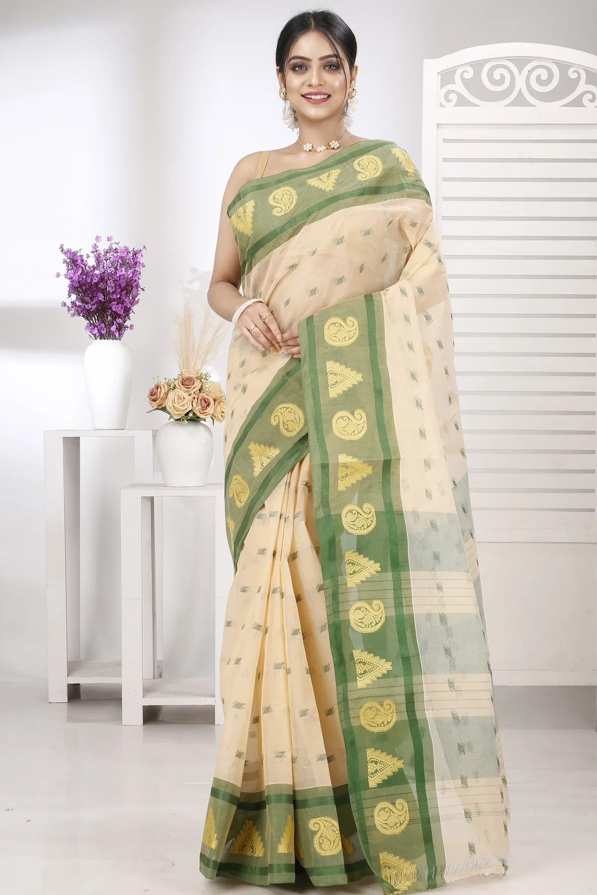 DipDiya Pure Cotton Cream Green Emma Border Heritage You Can Wear Tant Sarees