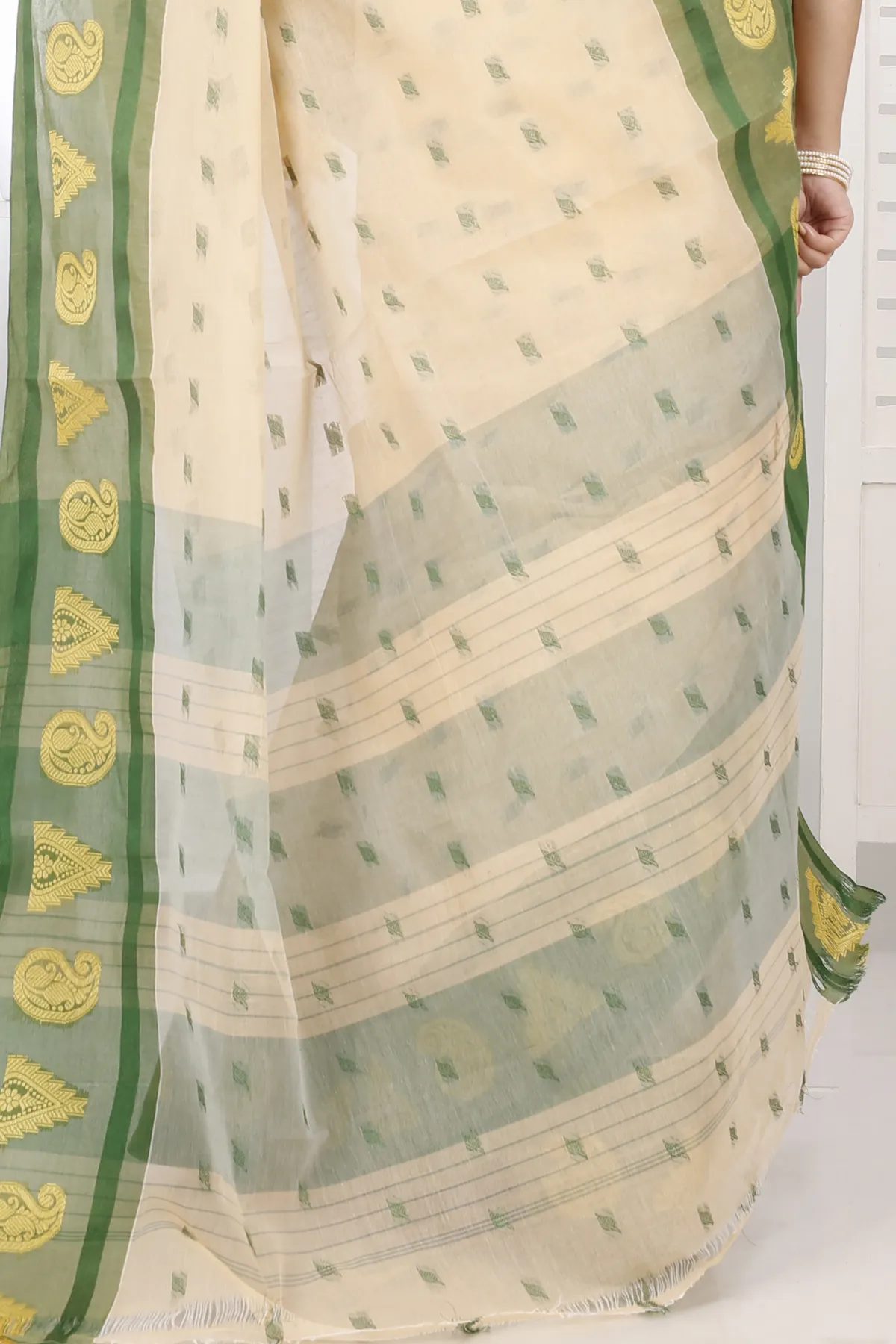 DipDiya Pure Cotton Cream Green Emma Border Heritage You Can Wear Tant Sarees