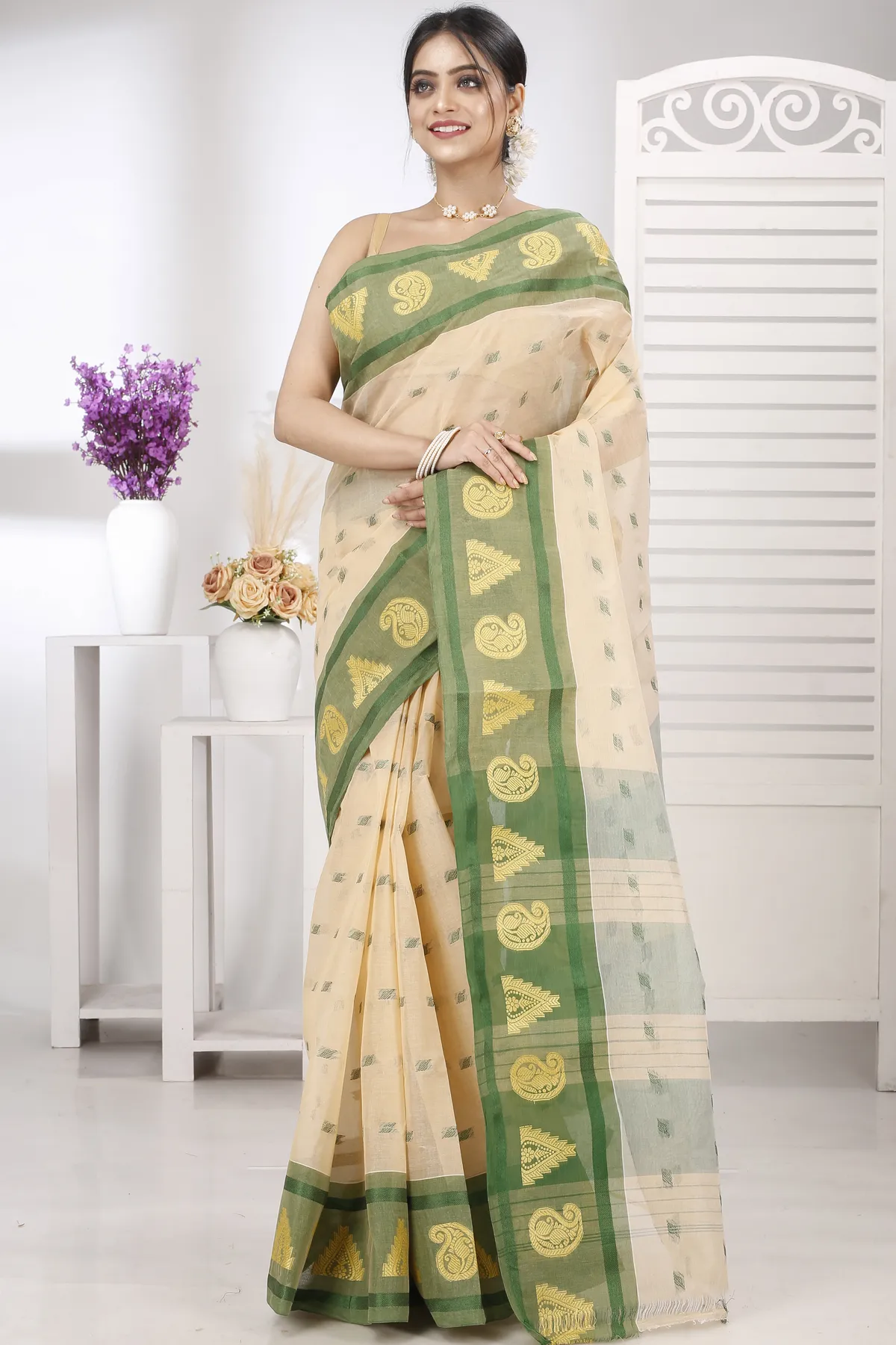 DipDiya Pure Cotton Cream Green Emma Border Heritage You Can Wear Tant Sarees