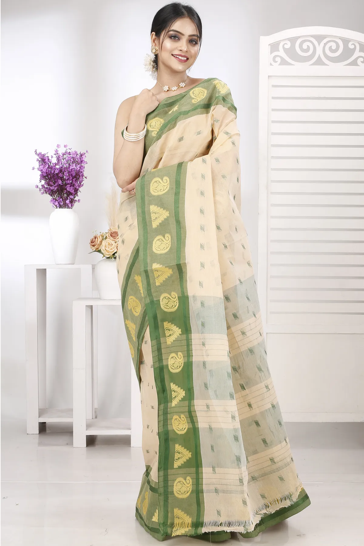 DipDiya Pure Cotton Cream Green Emma Border Heritage You Can Wear Tant Sarees