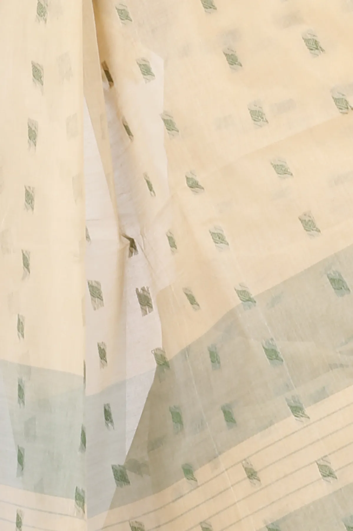DipDiya Pure Cotton Cream Green Emma Border Heritage You Can Wear Tant Sarees