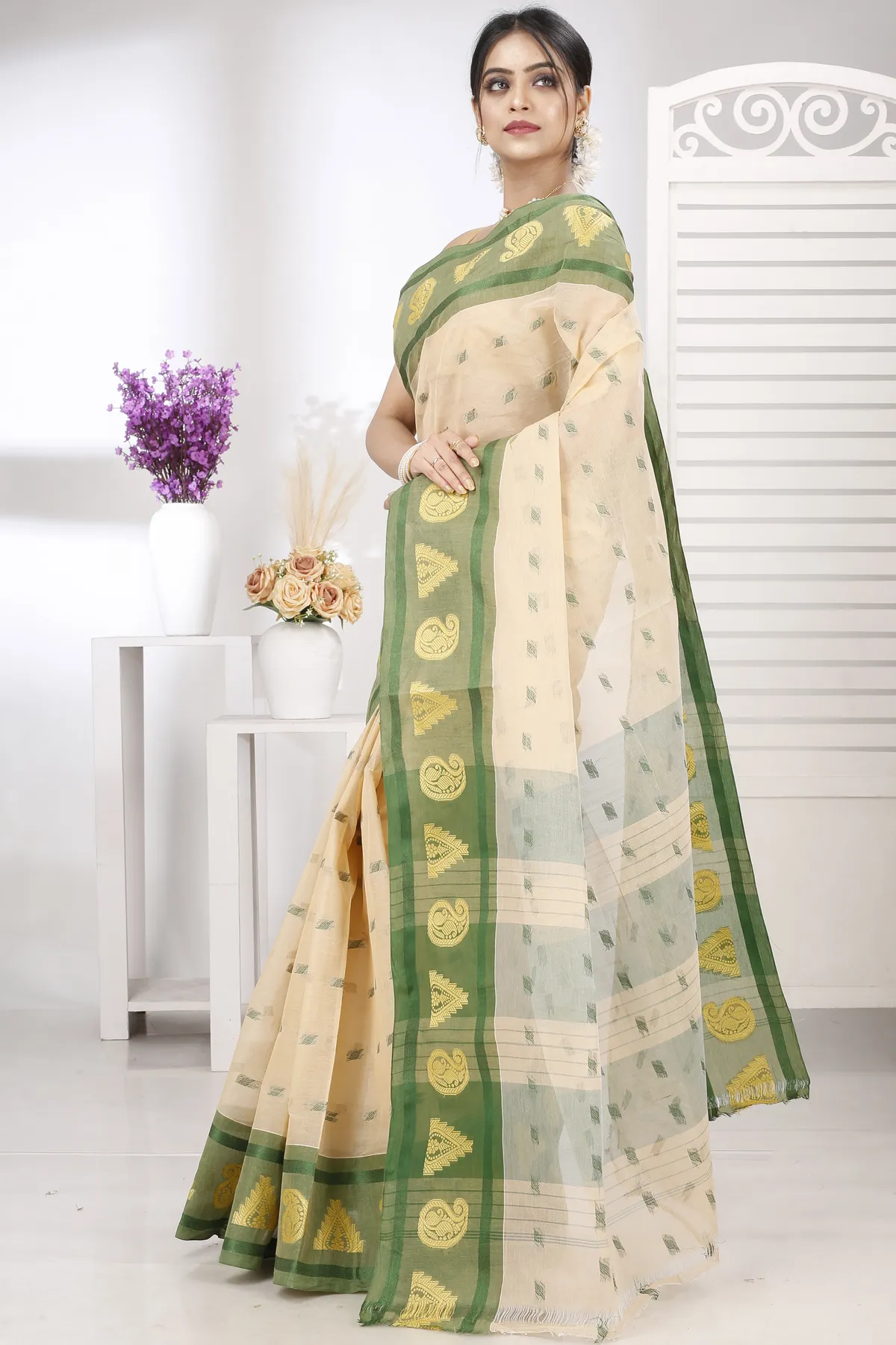 DipDiya Pure Cotton Cream Green Emma Border Heritage You Can Wear Tant Sarees