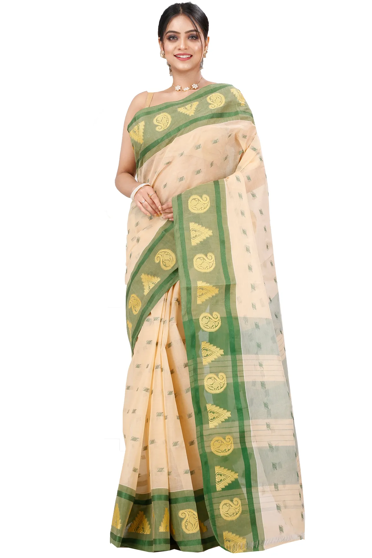 DipDiya Pure Cotton Cream Green Emma Border Heritage You Can Wear Tant Sarees