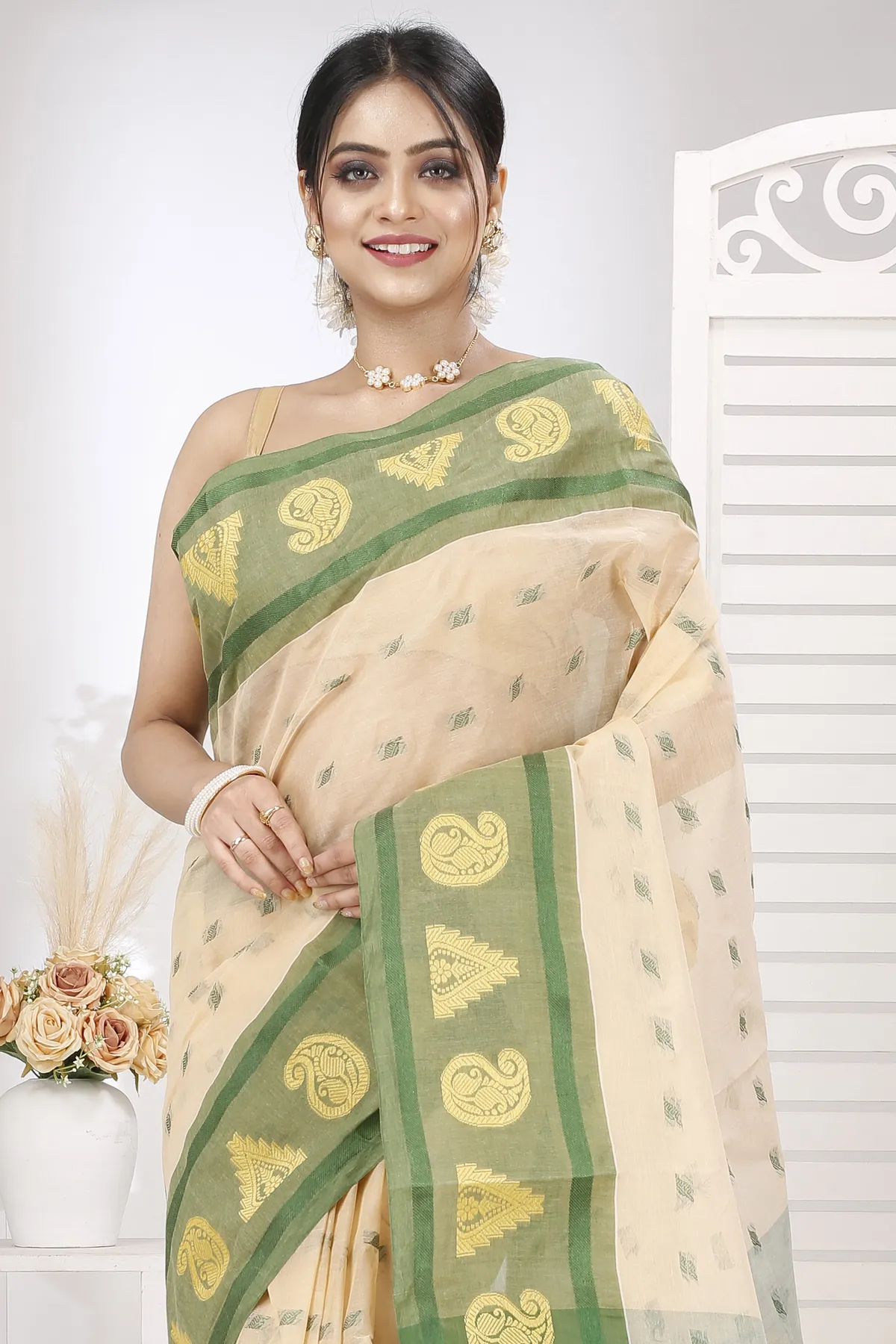 DipDiya Pure Cotton Cream Green Emma Border Heritage You Can Wear Tant Sarees