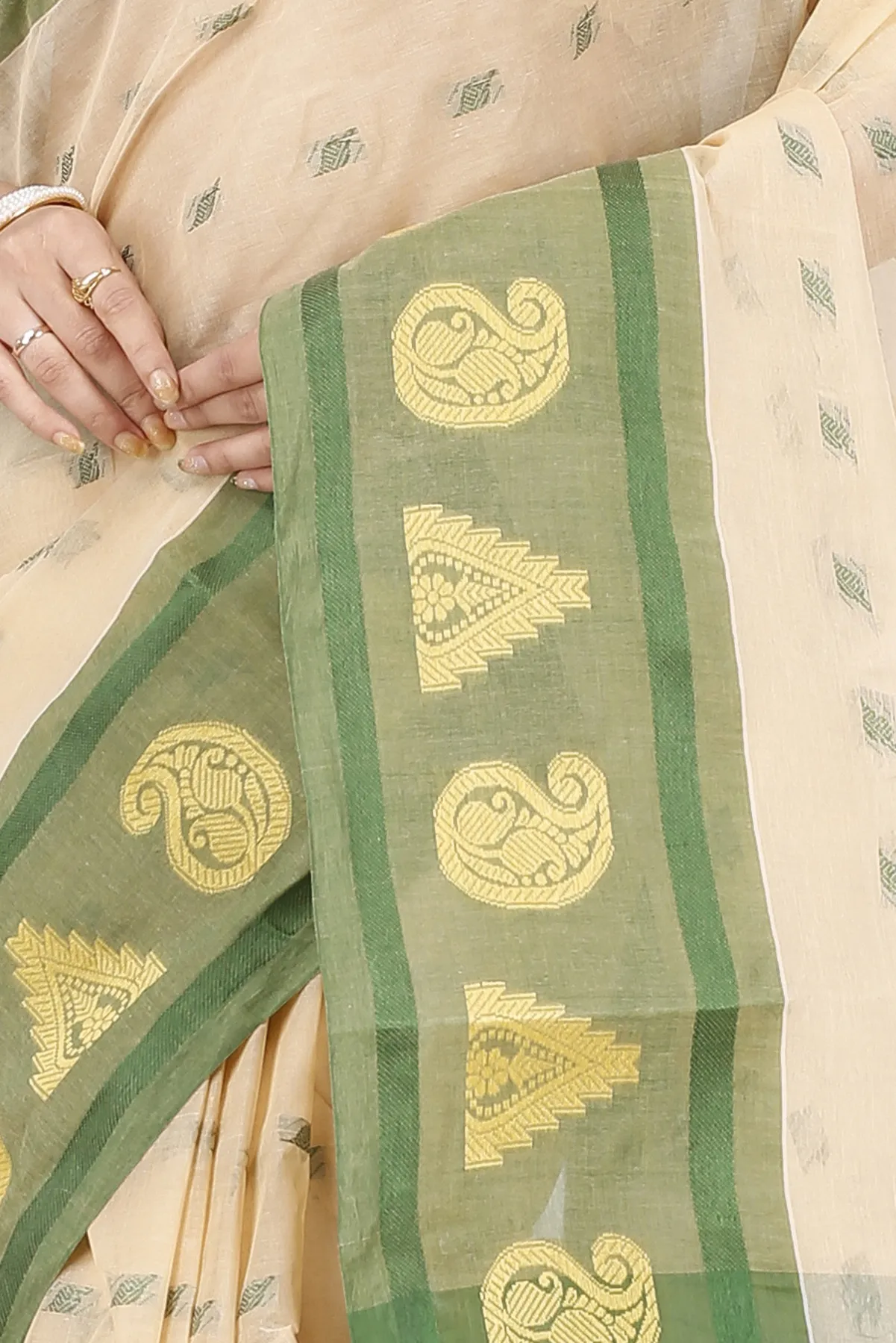 DipDiya Pure Cotton Cream Green Emma Border Heritage You Can Wear Tant Sarees