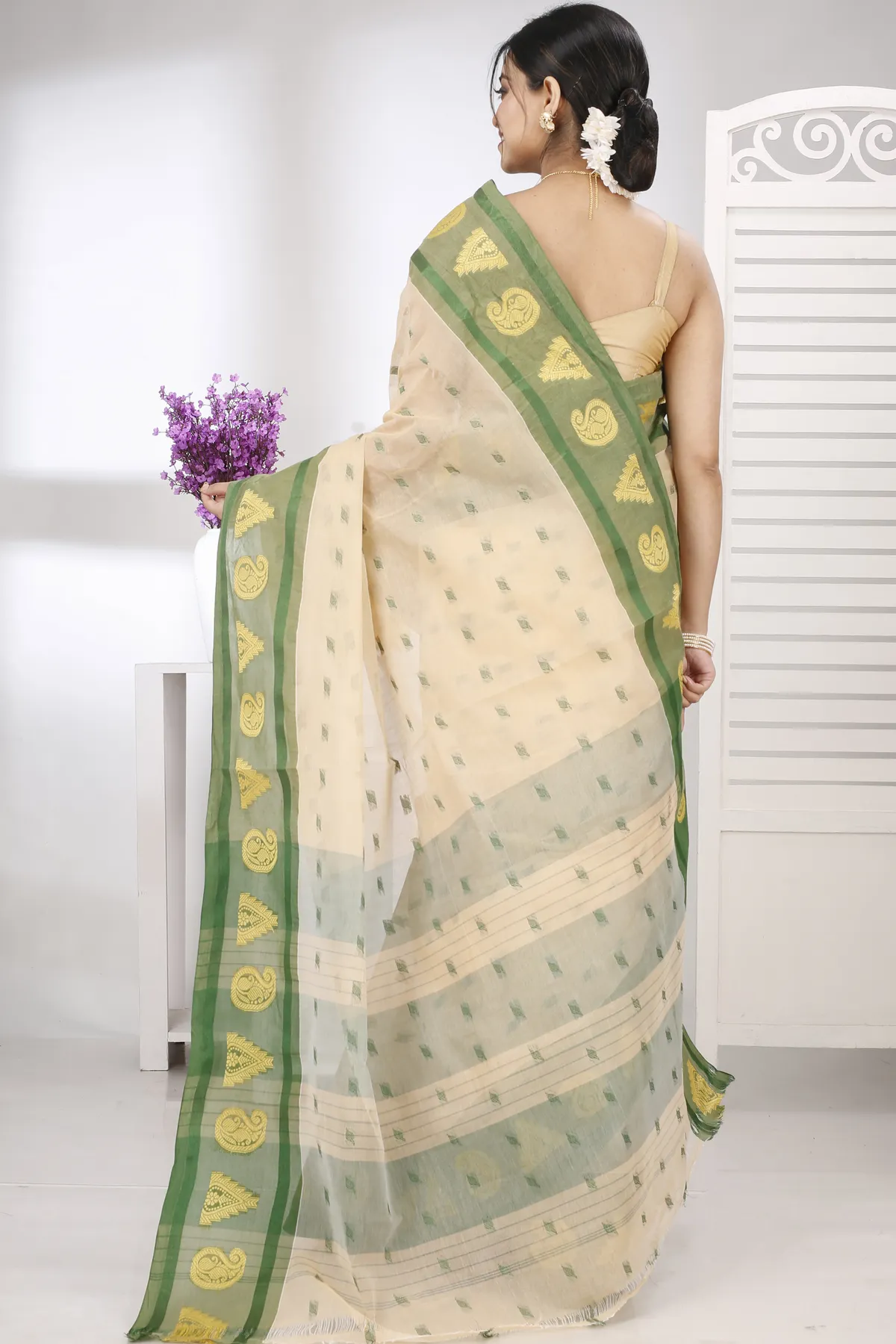 DipDiya Pure Cotton Cream Green Emma Border Heritage You Can Wear Tant Sarees