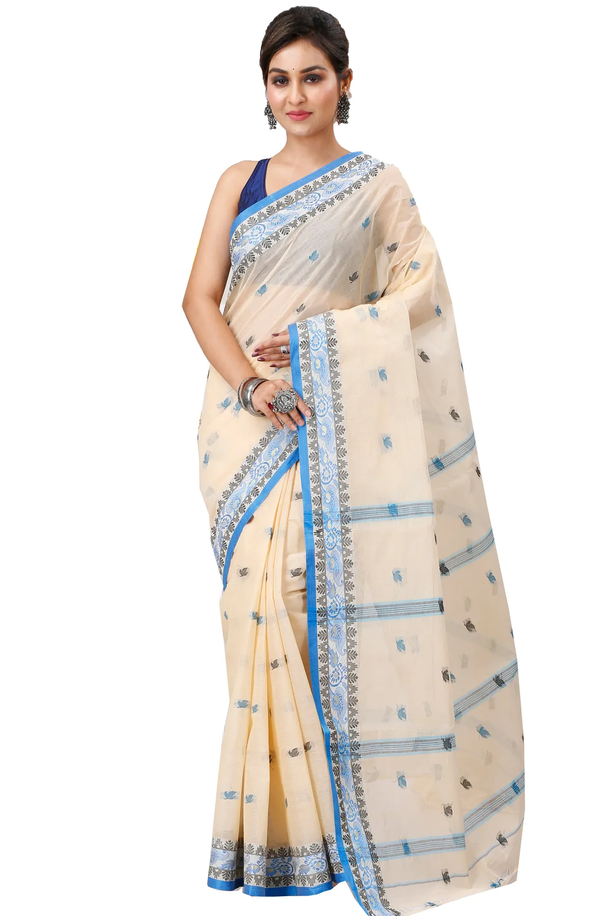 DipDiya Pure Cotton Cream Leron Regal Bengali Tant Sarees