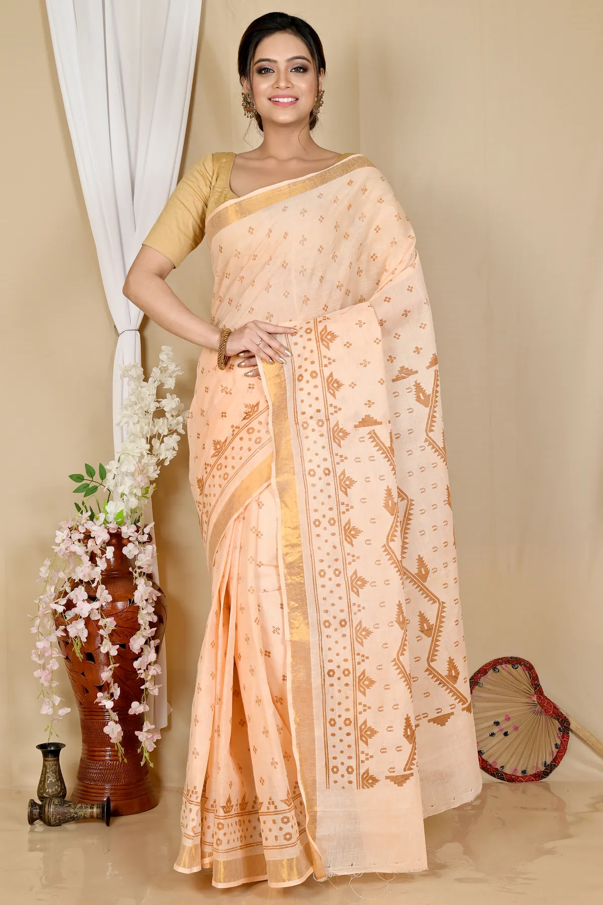 DipDiya Pure Cotton Cream Luvna Elegant by Tradition Printed Tant Sarees
