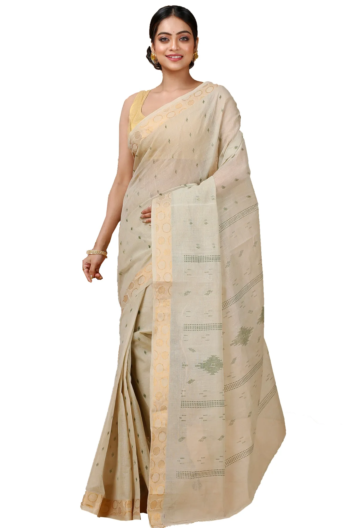 DipDiya Pure Cotton Cream Porna Timeless Bengal Printed Tant Sarees