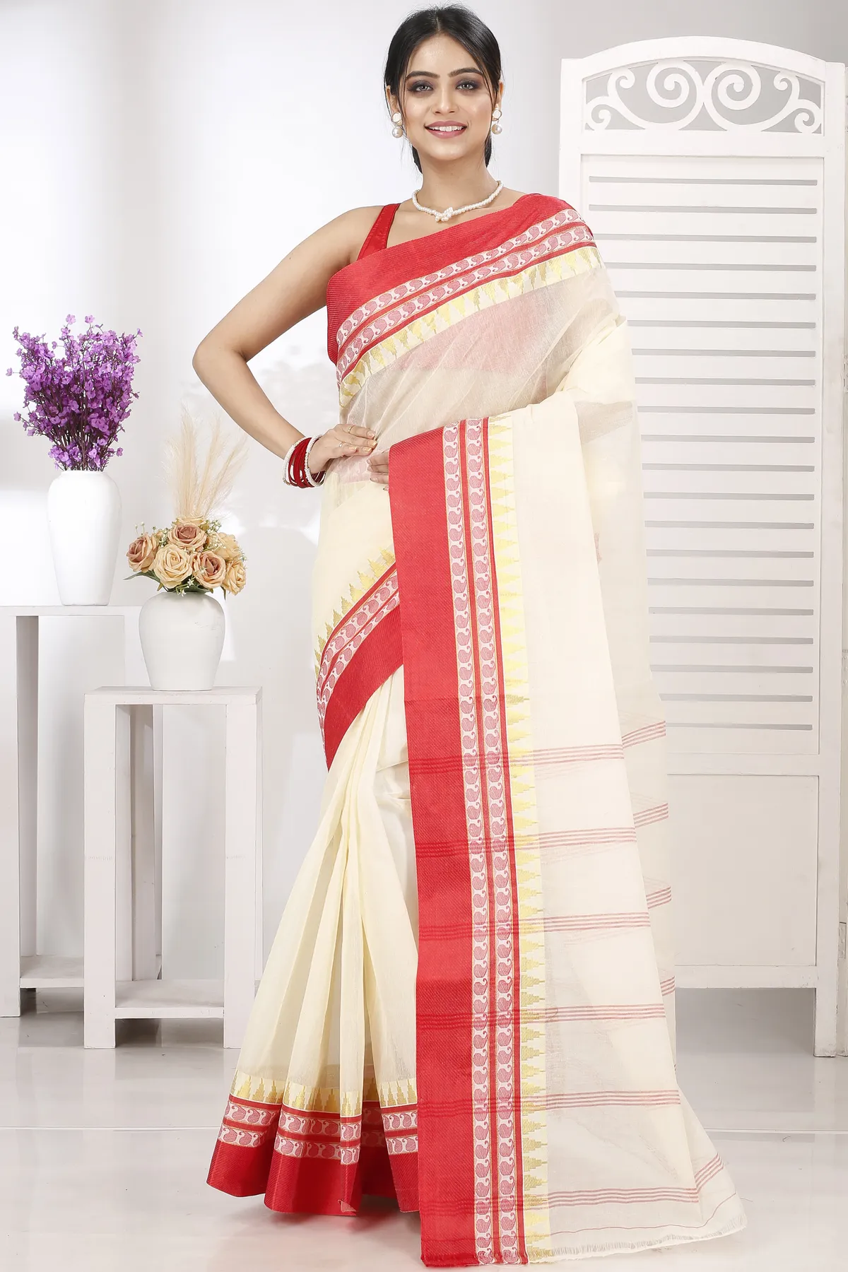 DipDiya Pure Cotton Cream Red Ethan Stories of Bengal Tant Sarees