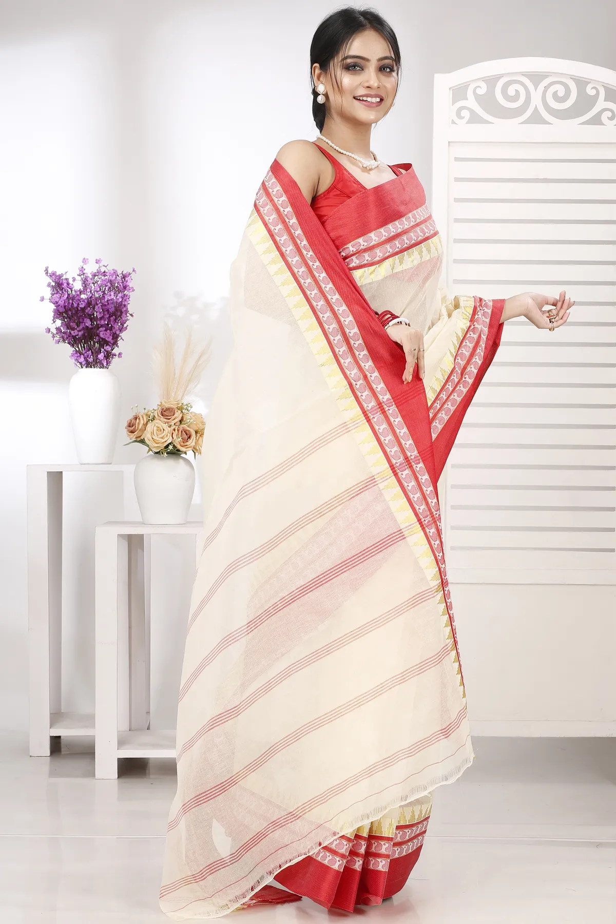 DipDiya Pure Cotton Cream Red Ethan Stories of Bengal Tant Sarees