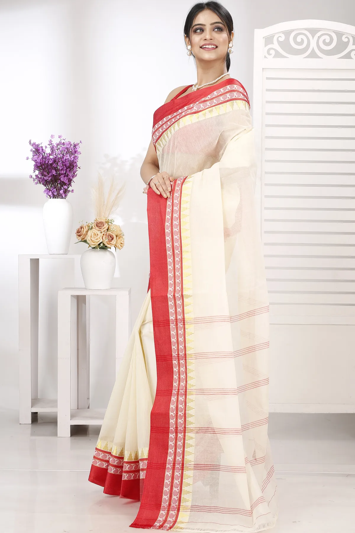 DipDiya Pure Cotton Cream Red Ethan Stories of Bengal Tant Sarees