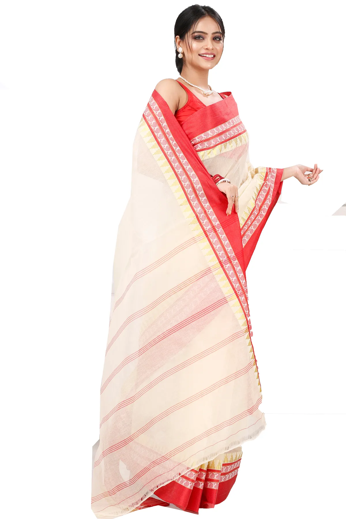 DipDiya Pure Cotton Cream Red Ethan Stories of Bengal Tant Sarees