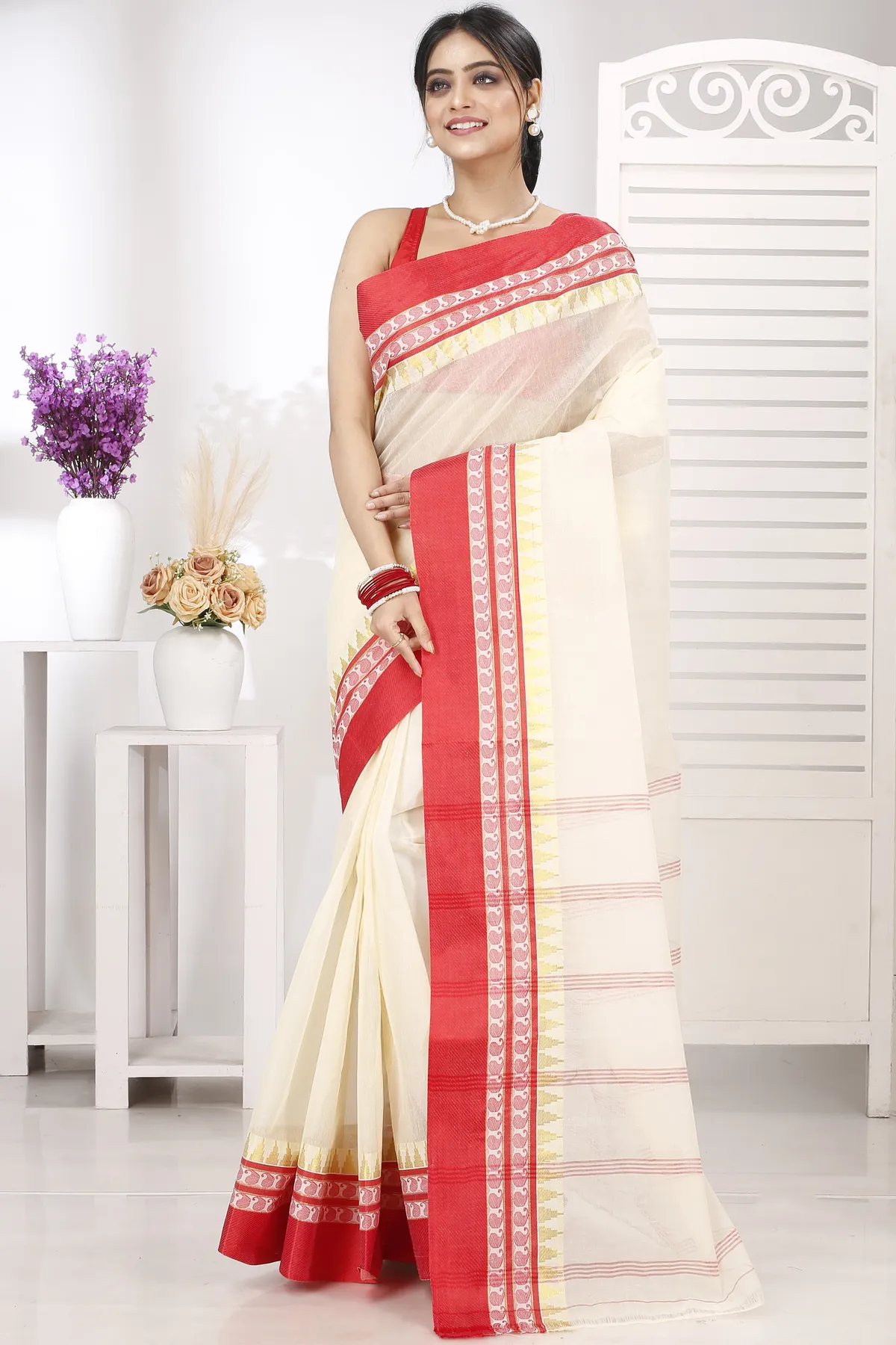 DipDiya Pure Cotton Cream Red Ethan Stories of Bengal Tant Sarees