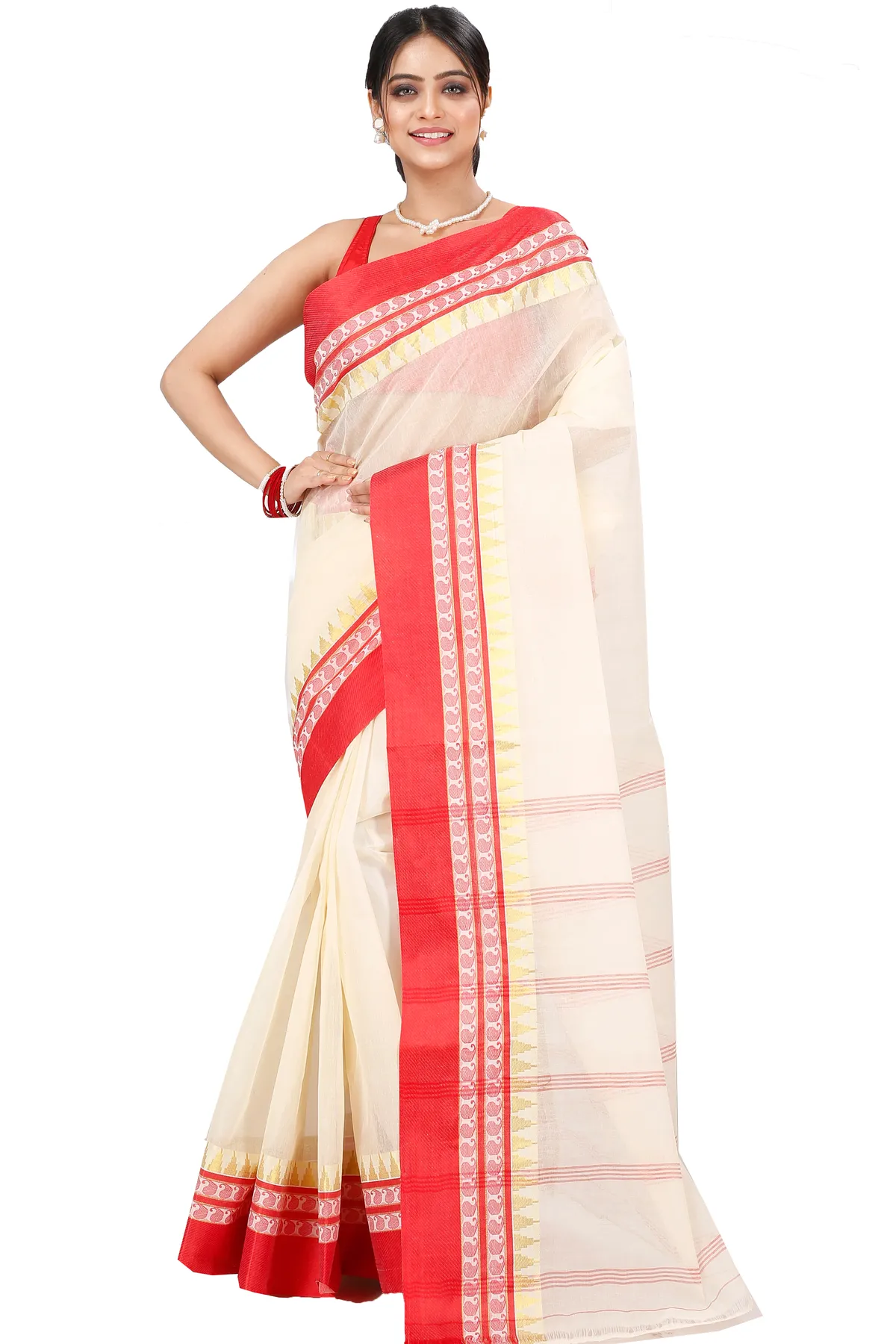DipDiya Pure Cotton Cream Red Ethan Stories of Bengal Tant Sarees