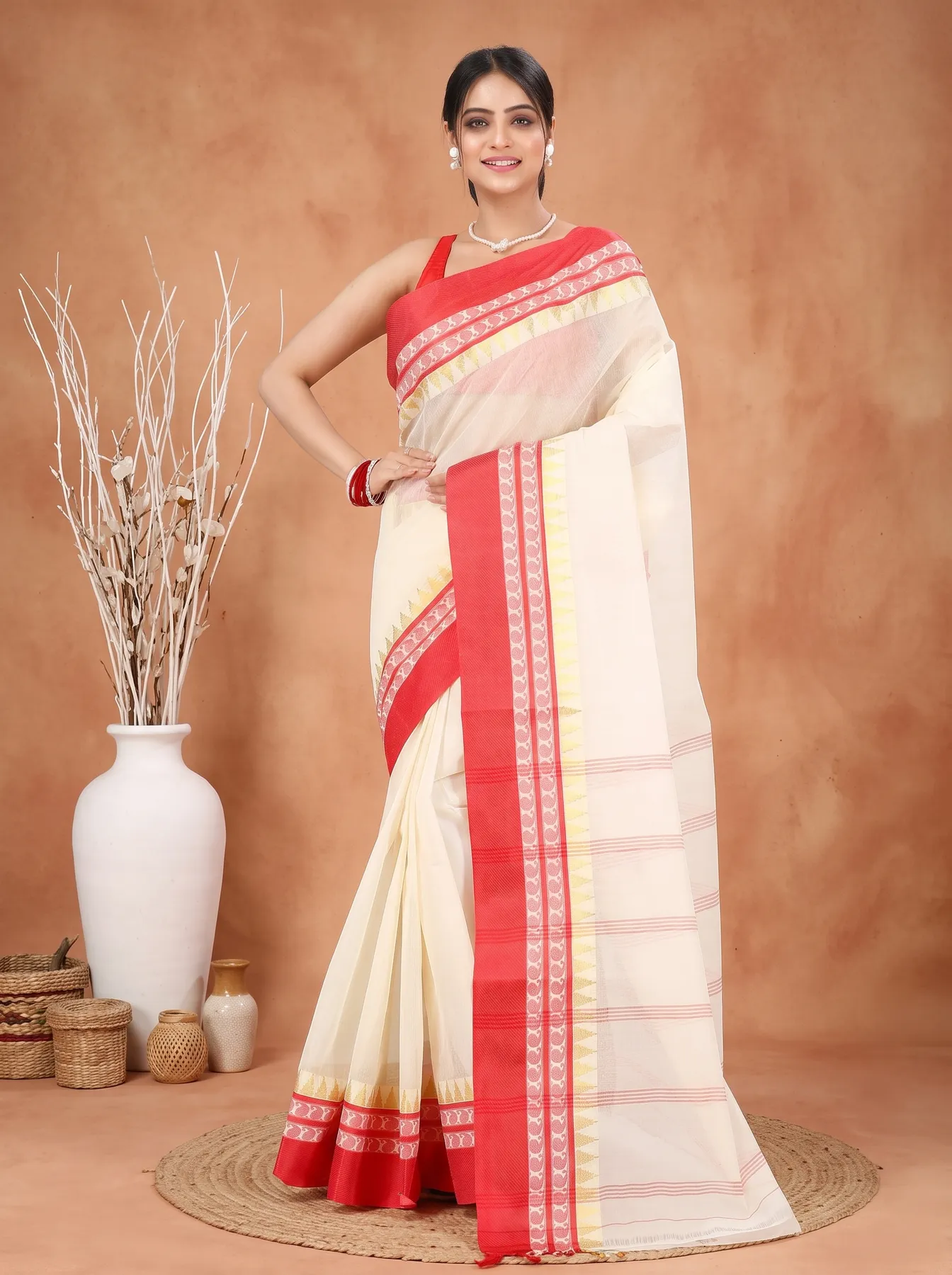 DipDiya Pure Cotton Cream Red Ethan Stories of Bengal Tant Sarees