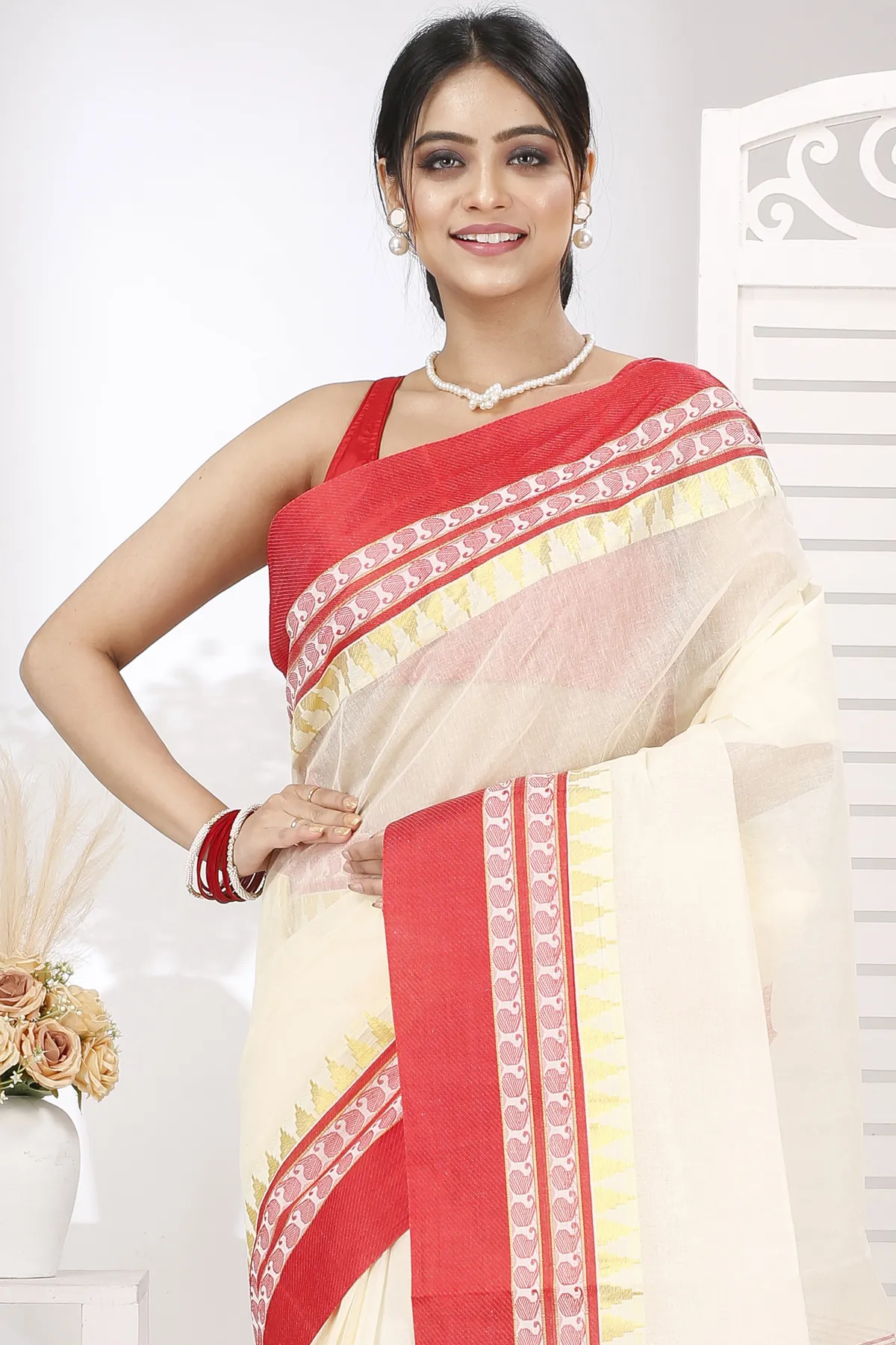 DipDiya Pure Cotton Cream Red Ethan Stories of Bengal Tant Sarees