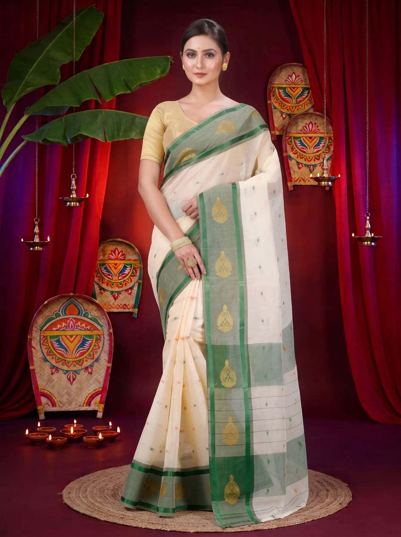 DipDiya Pure Cotton Cream Upala Rooted in Bengal Tant Sarees