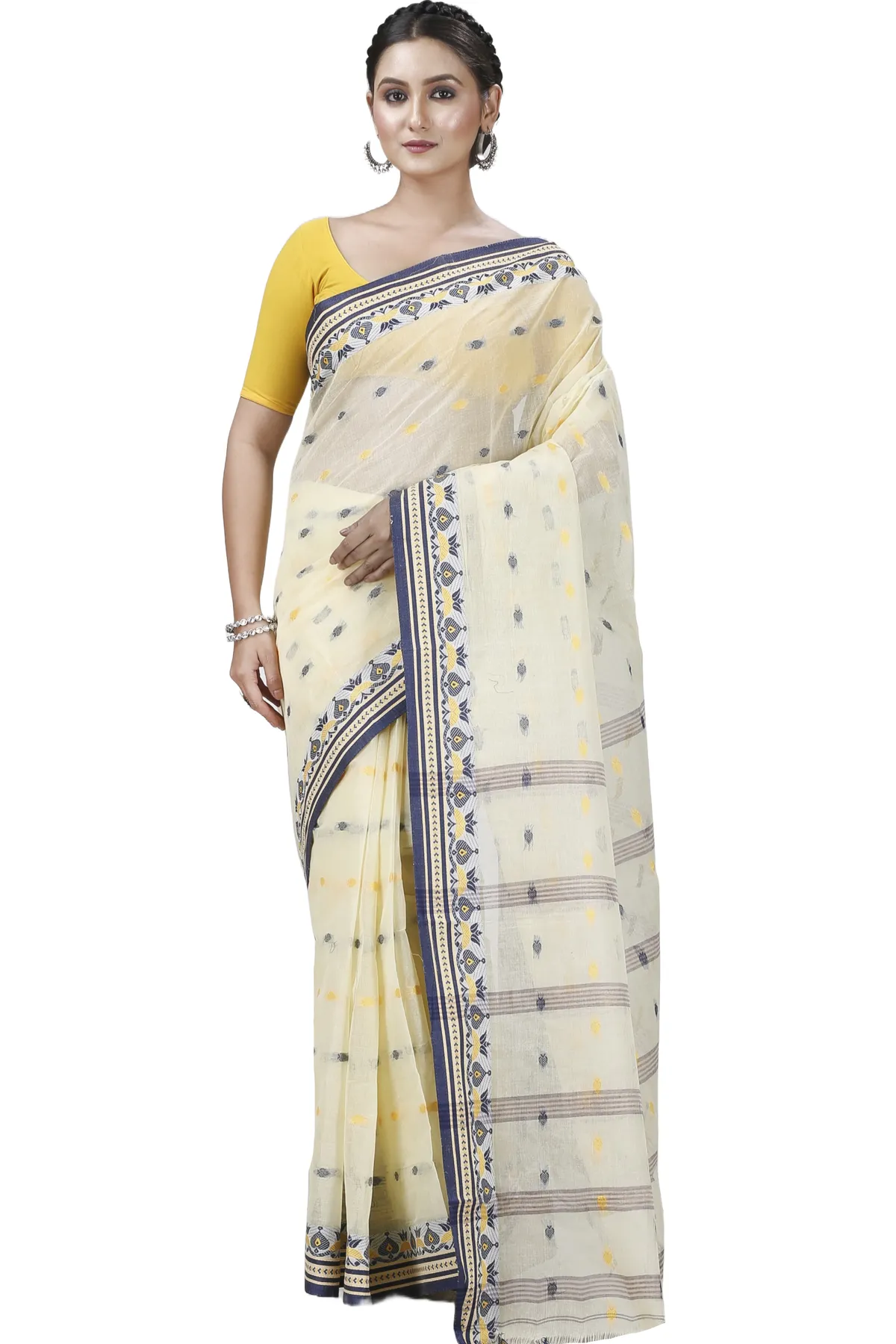 DipDiya Pure Cotton Cream Uvra Bengali Heritage Tant Sarees