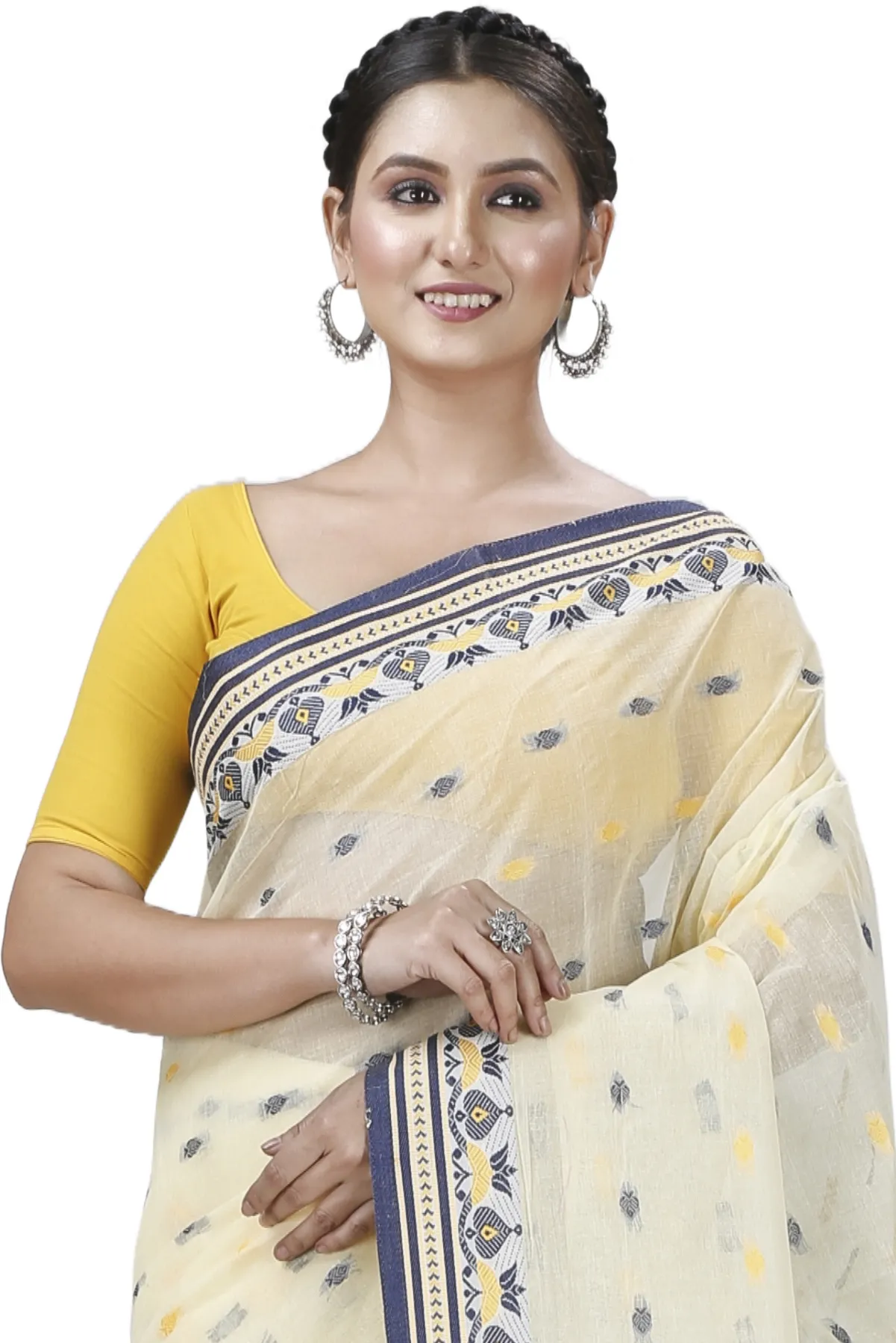 DipDiya Pure Cotton Cream Uvra Bengali Heritage Tant Sarees