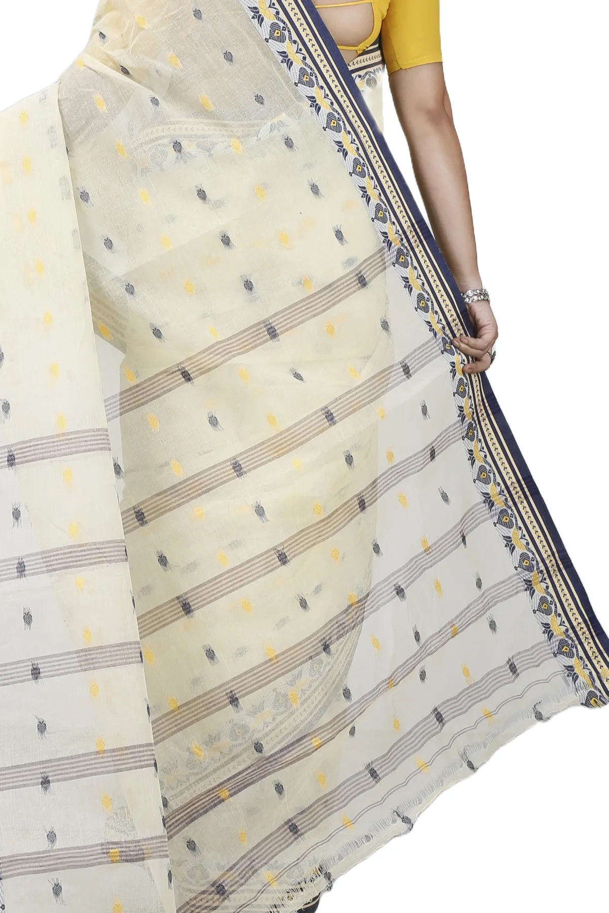 DipDiya Pure Cotton Cream Uvra Bengali Heritage Tant Sarees