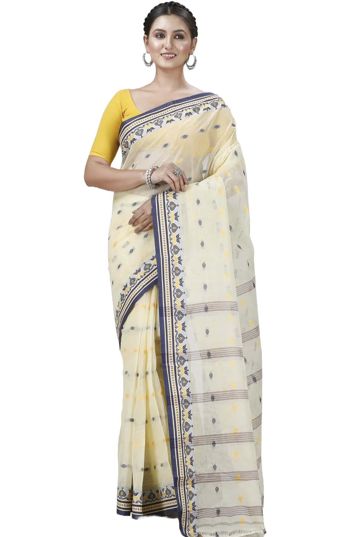 DipDiya Pure Cotton Cream Uvra Bengali Heritage Tant Sarees