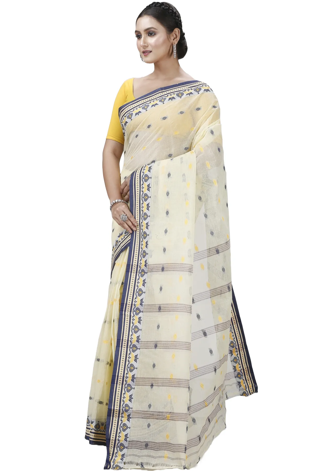 DipDiya Pure Cotton Cream Uvra Bengali Heritage Tant Sarees