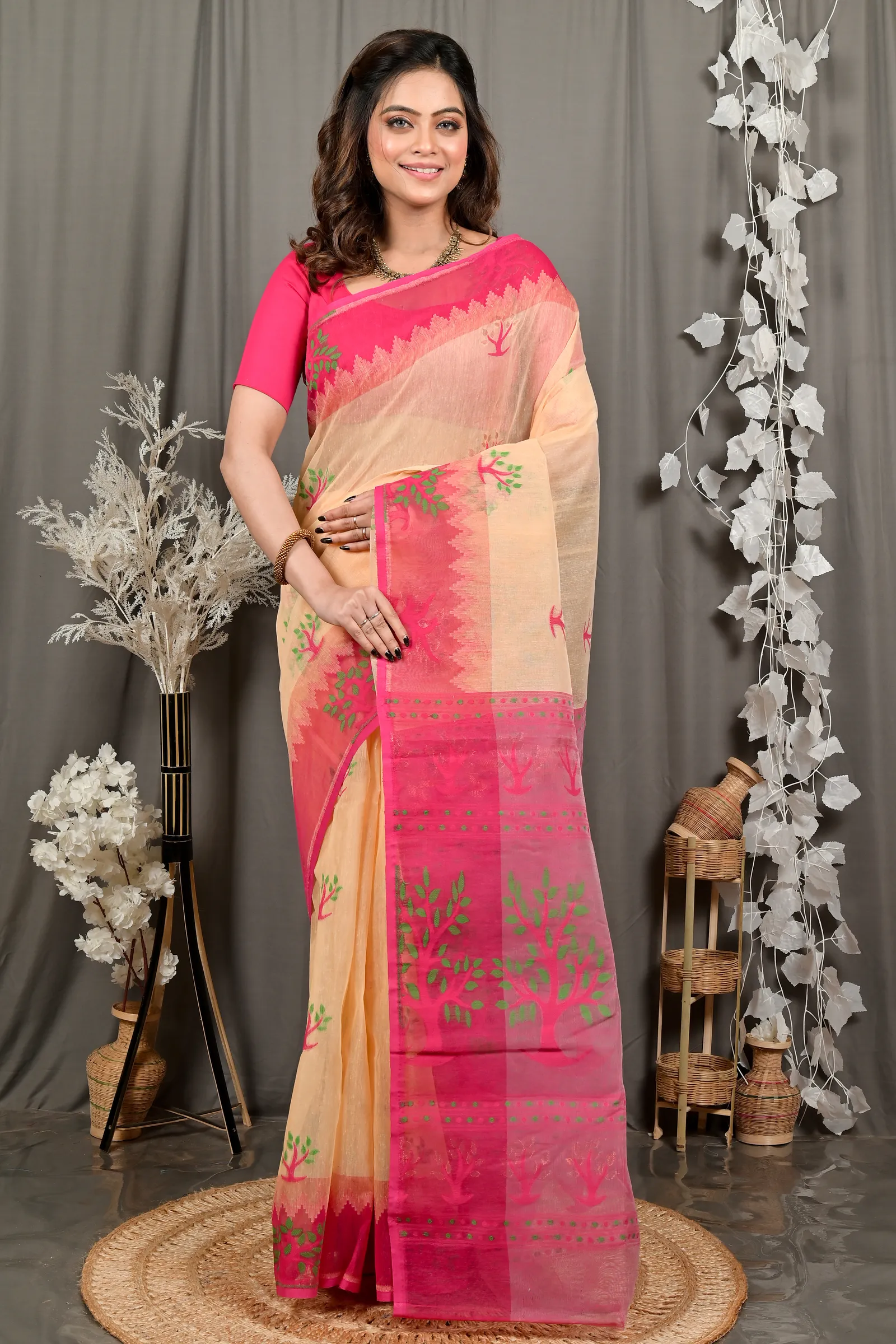 DipDiya Pure Cotton Creame Pink Fevai Heritage of Bengal Jamdani Sarees