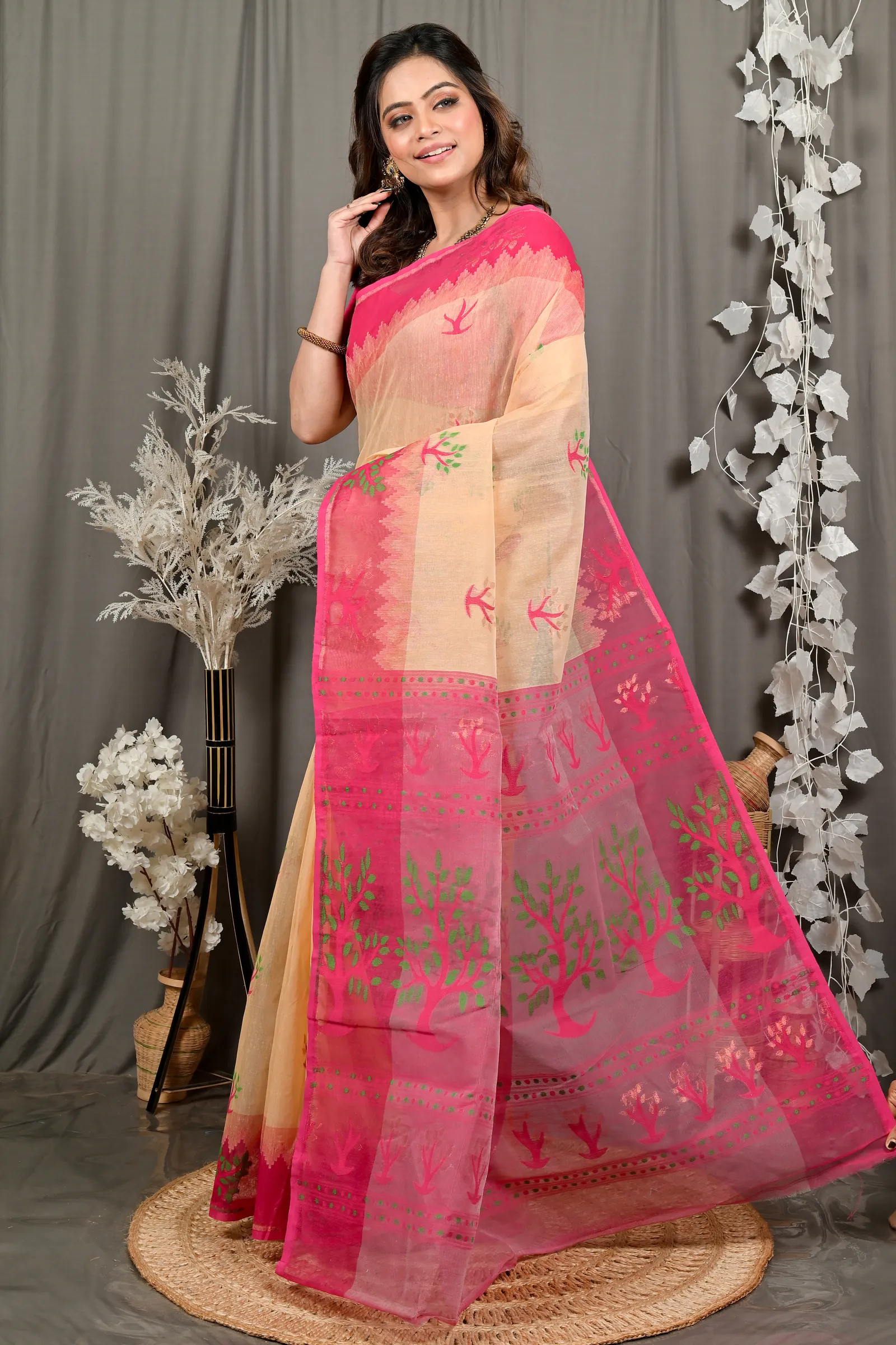 DipDiya Pure Cotton Creame Pink Fevai Heritage of Bengal Jamdani Sarees