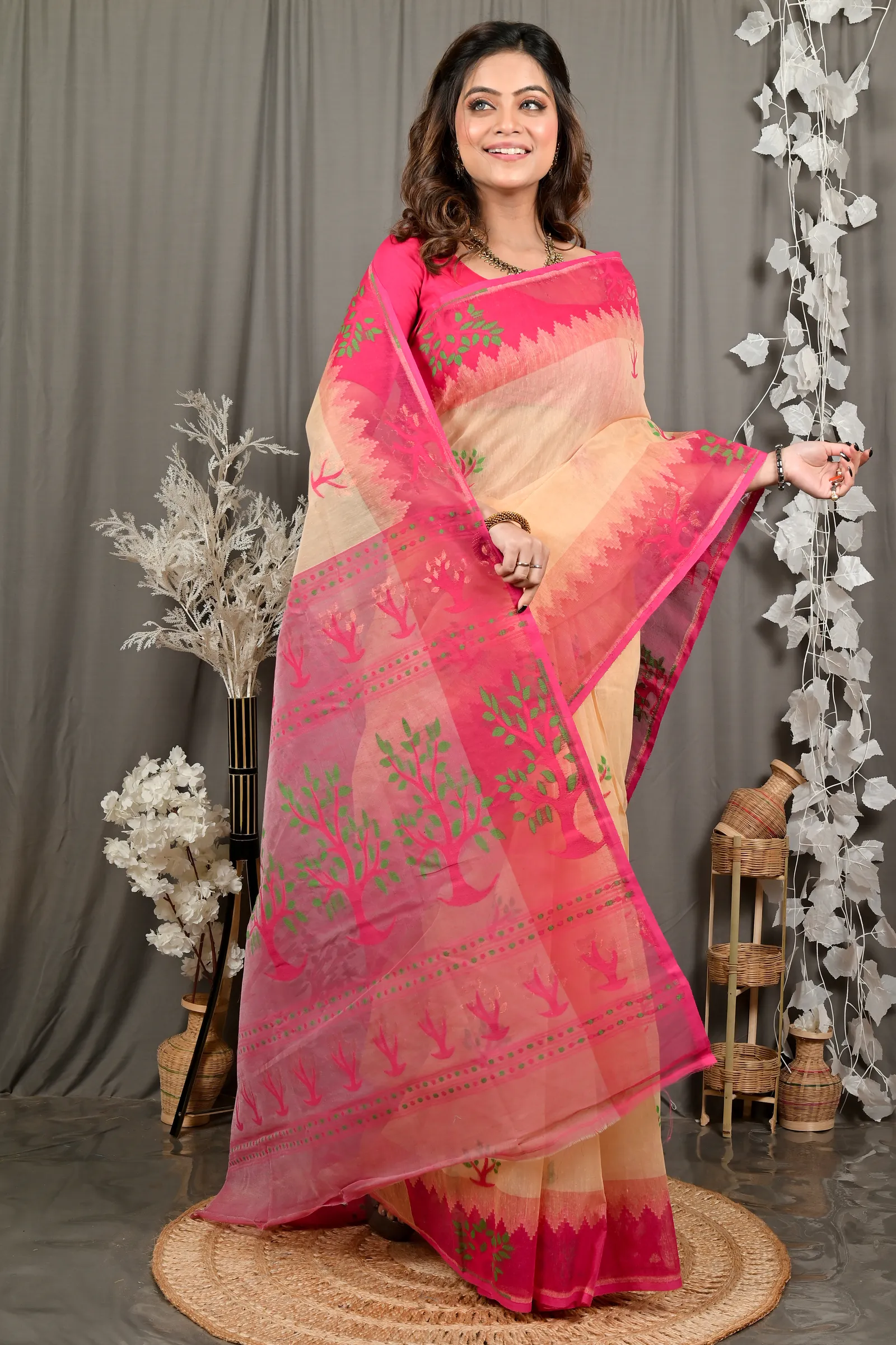 DipDiya Pure Cotton Creame Pink Fevai Heritage of Bengal Jamdani Sarees