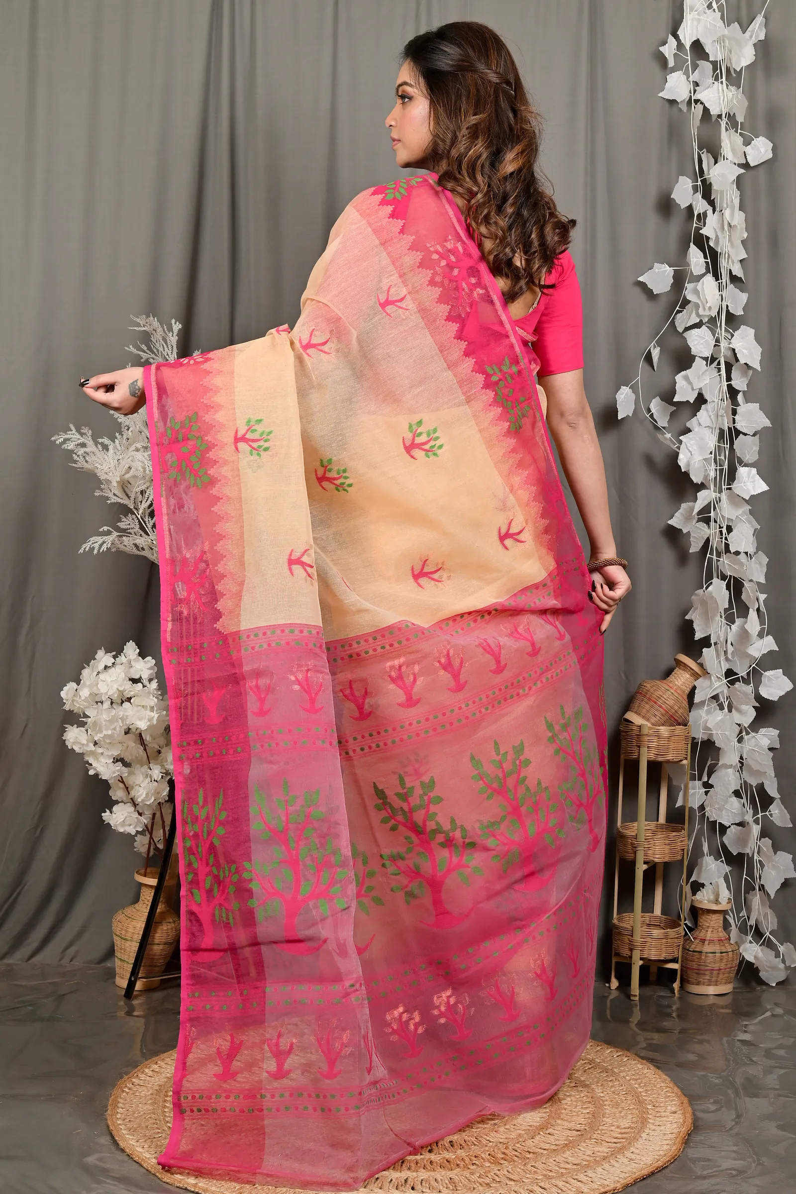 DipDiya Pure Cotton Creame Pink Fevai Heritage of Bengal Jamdani Sarees