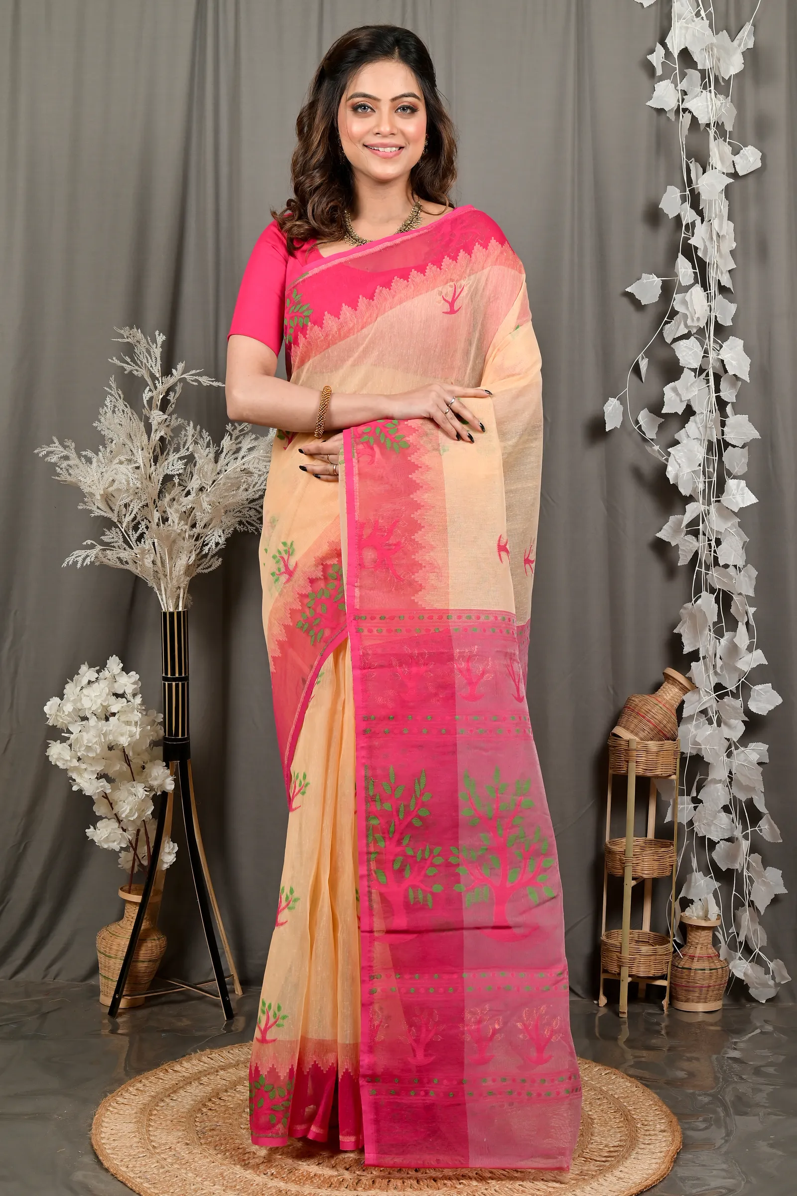 DipDiya Pure Cotton Creame Pink Fevai Heritage of Bengal Jamdani Sarees
