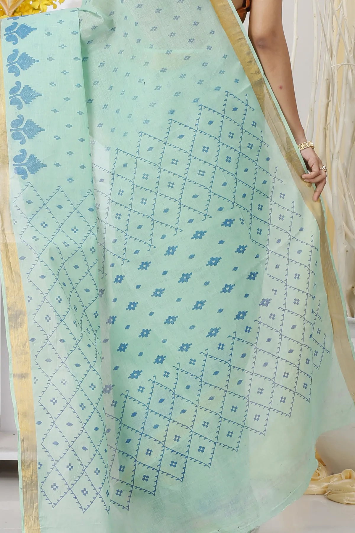 DipDiya Pure Cotton Cyan Luvya Woven with Love Printed Tant Sarees