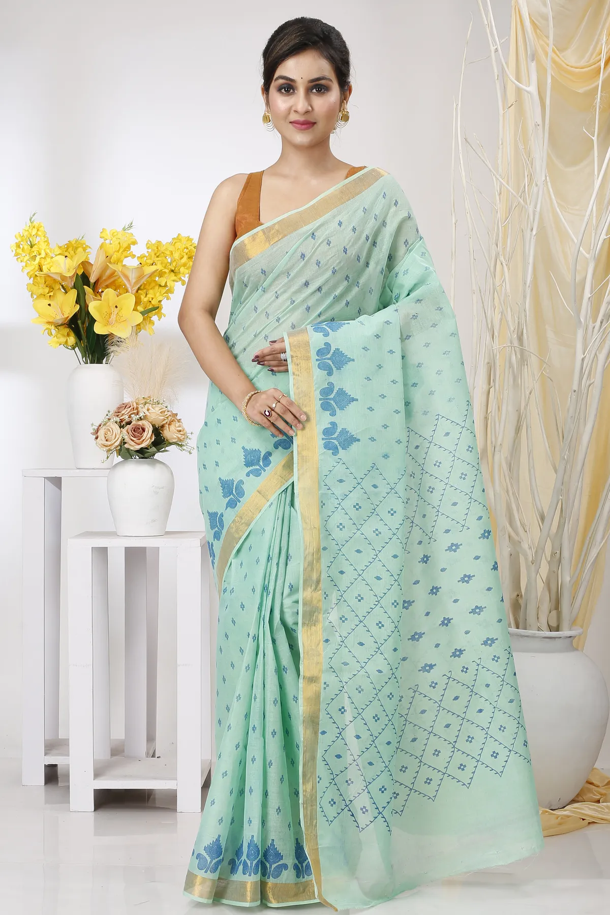 DipDiya Pure Cotton Cyan Luvya Woven with Love Printed Tant Sarees